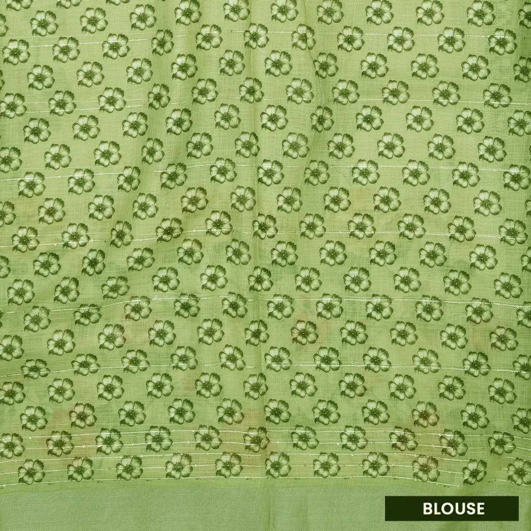 Light Green Floral Digital Printed Linen Saree