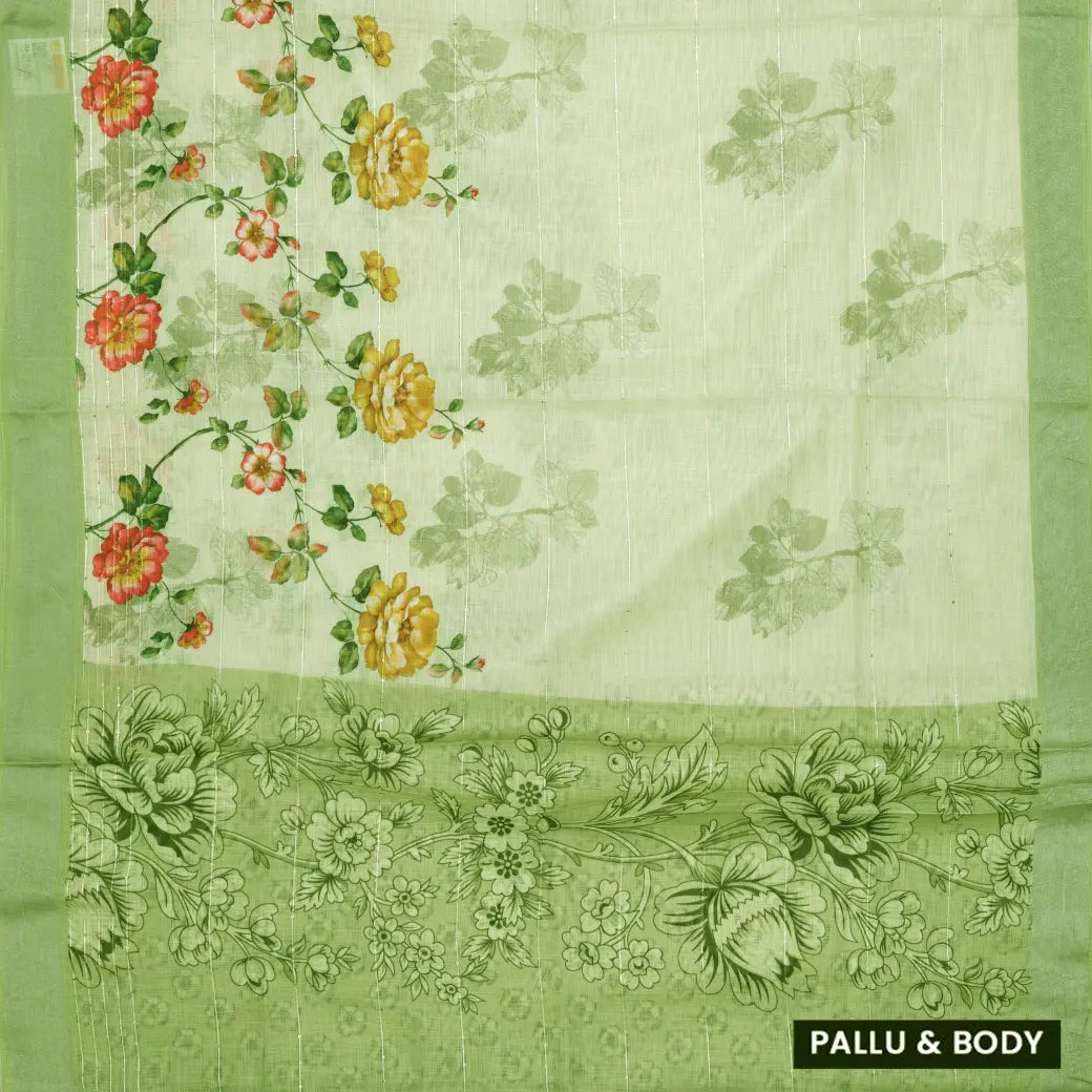 Light Green Floral Digital Printed Linen Saree