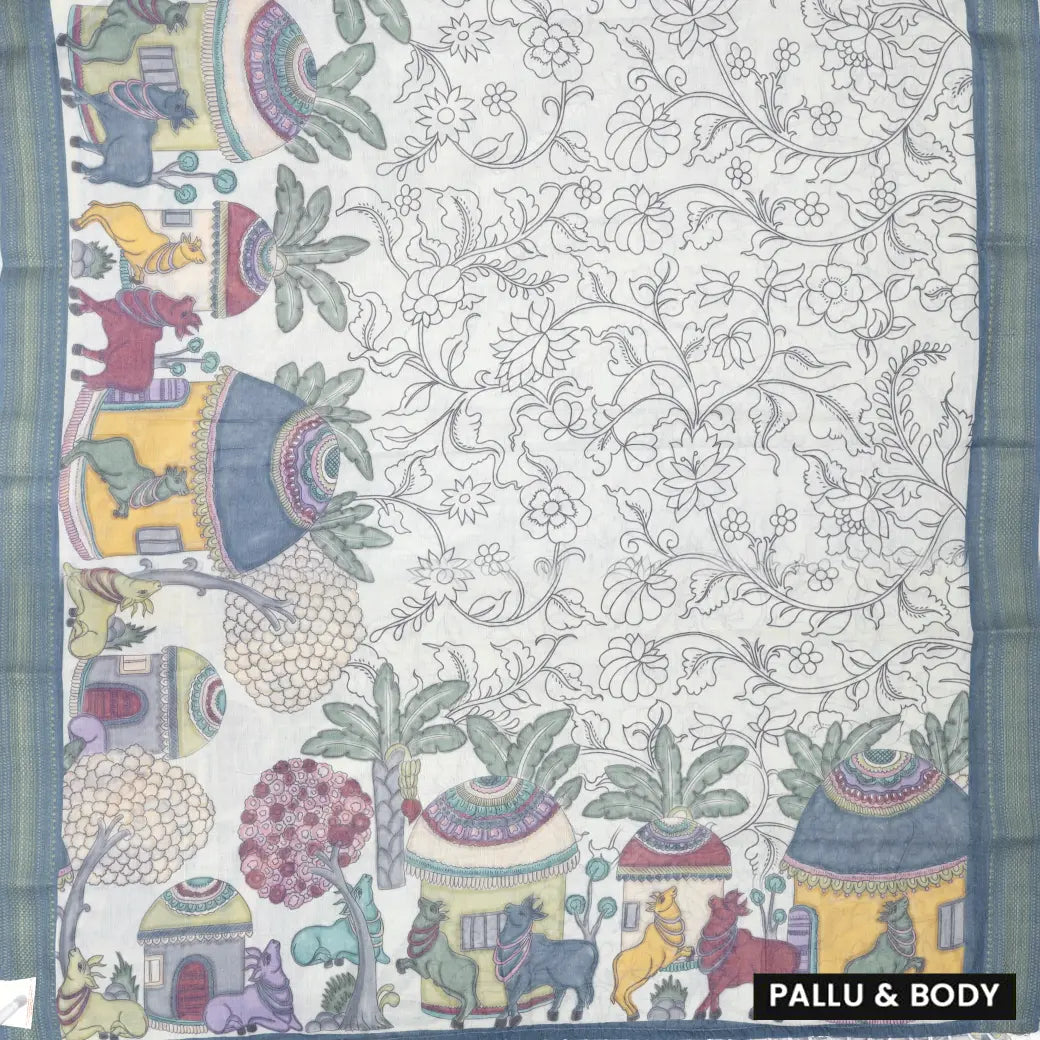 Off white with greyblue priented floral design Semi Chanderi Saree