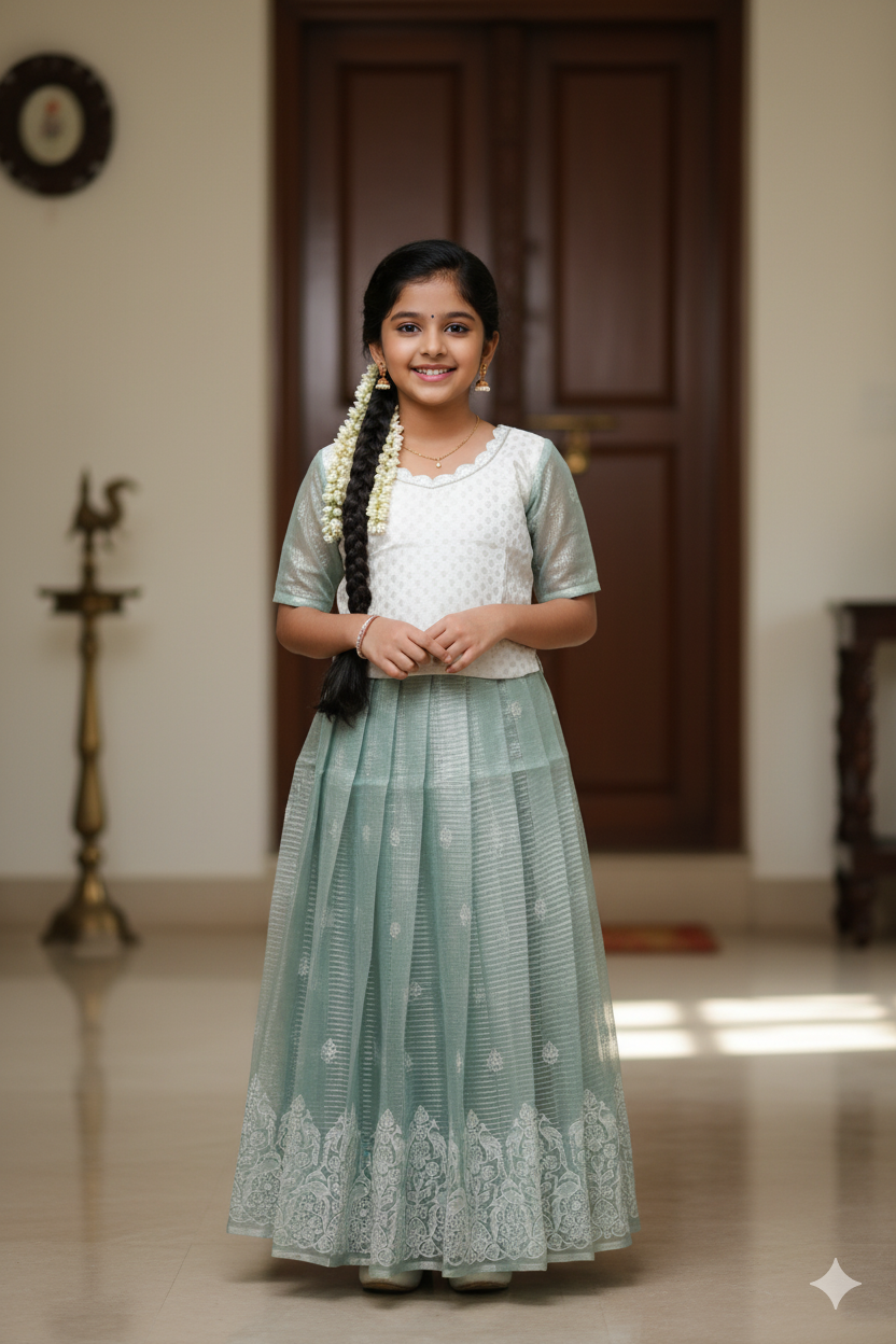 White With Light Pink Girls Branded Readymade Pattu Pavadai