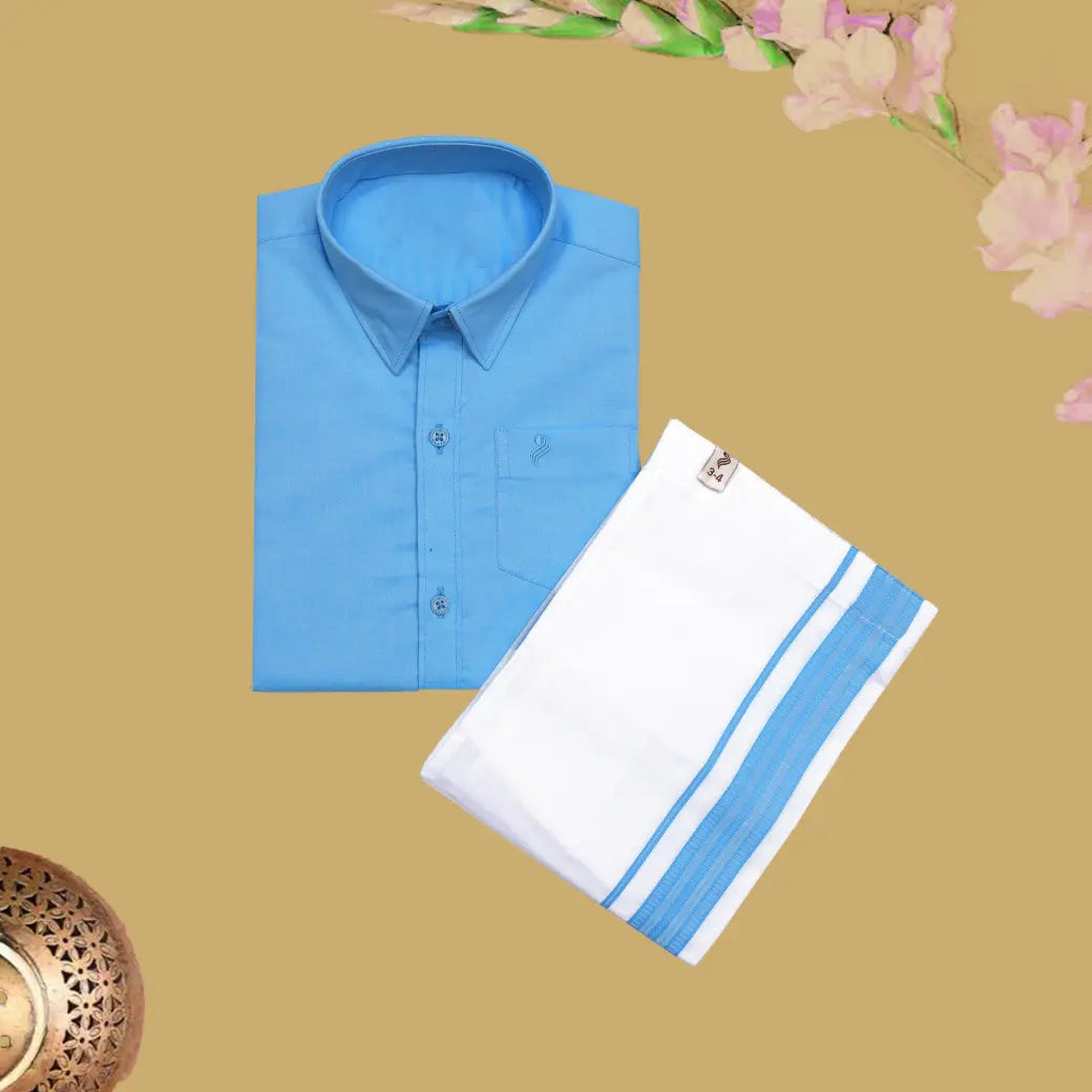 Pastel Blue Cotton with Boy’s Readymade Shirt And Dhoti Set