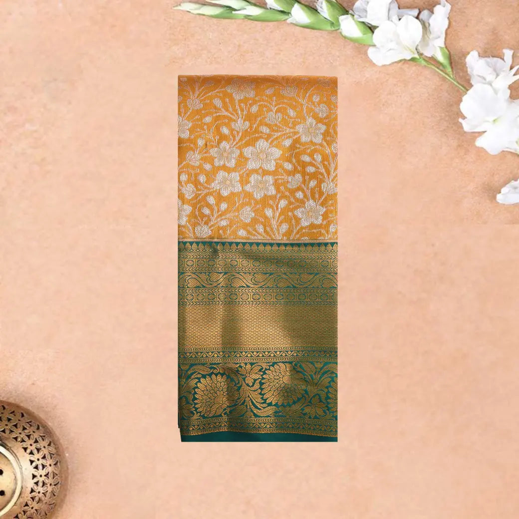 Golden-Yellow with Green Floral Design Tissue Silk Saree