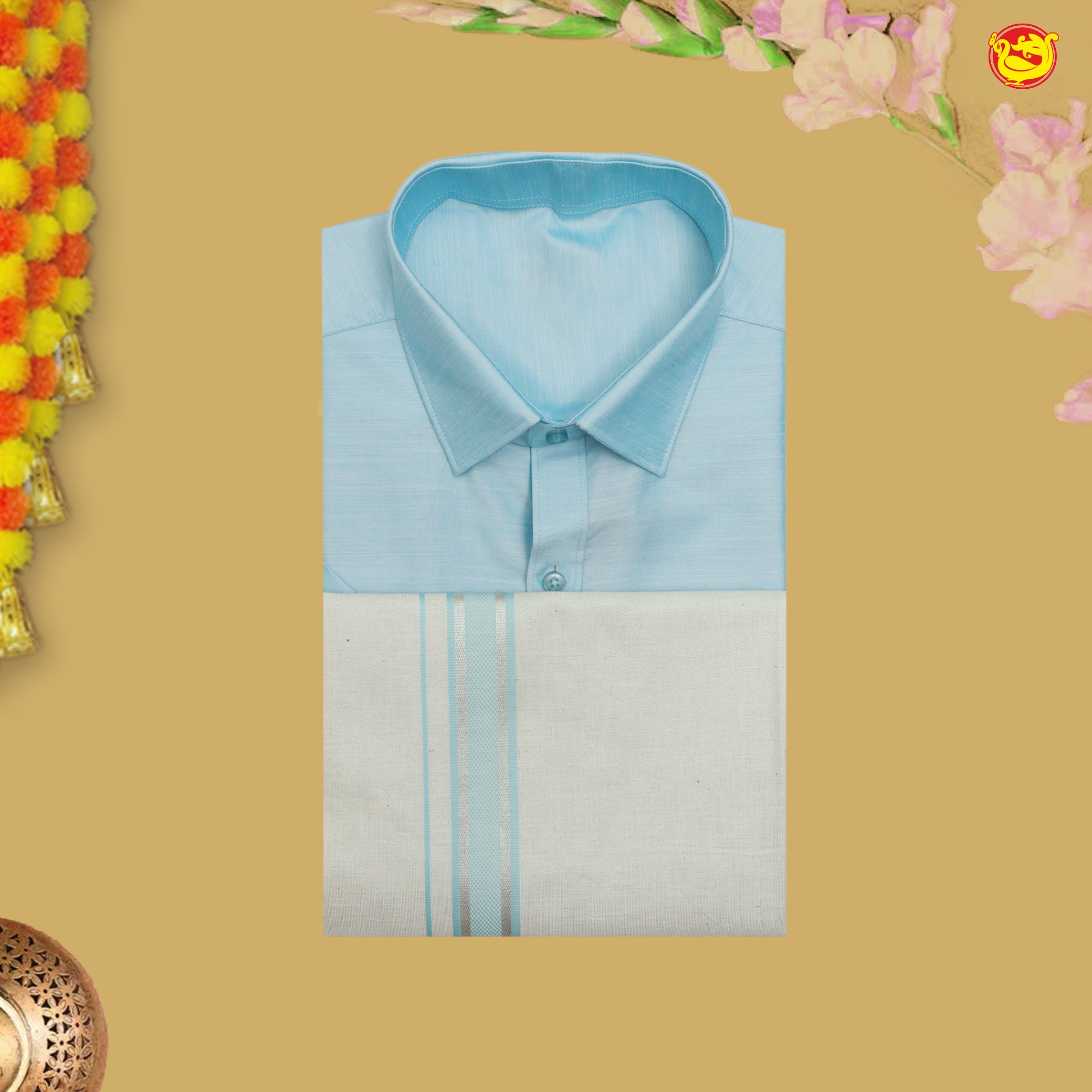 Skyblue With White Readymade Shirt And Matching Border Dhoti Set for Men