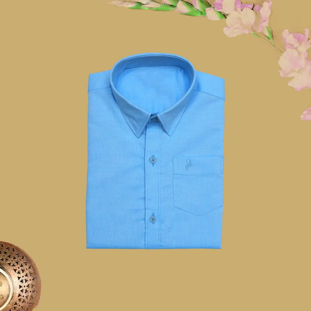 Pastel Blue Cotton with Boy’s Readymade Shirt And Dhoti Set
