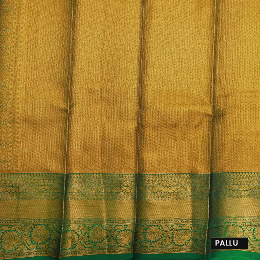 Golden-Yellow with Green Floral Design Tissue Silk Saree
