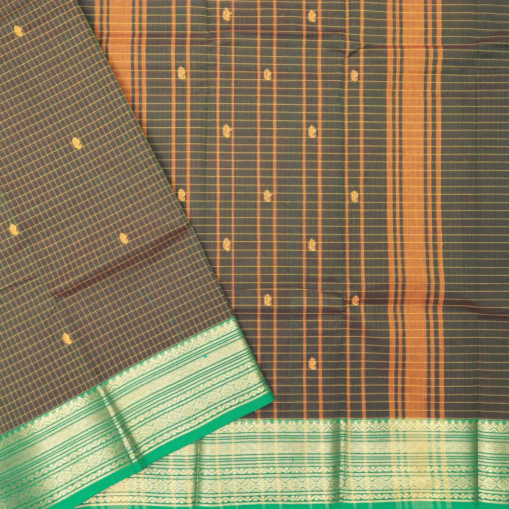 Charcoal Brown with Green Small Checked Pattern Pure Chettinad Cotton Saree without Blouse