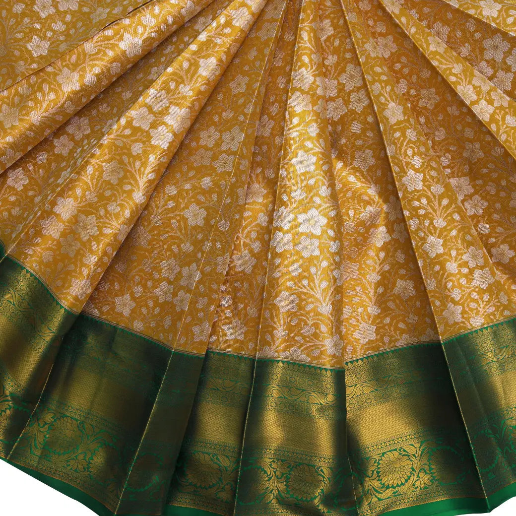 Golden-Yellow with Green Floral Design Tissue Silk Saree