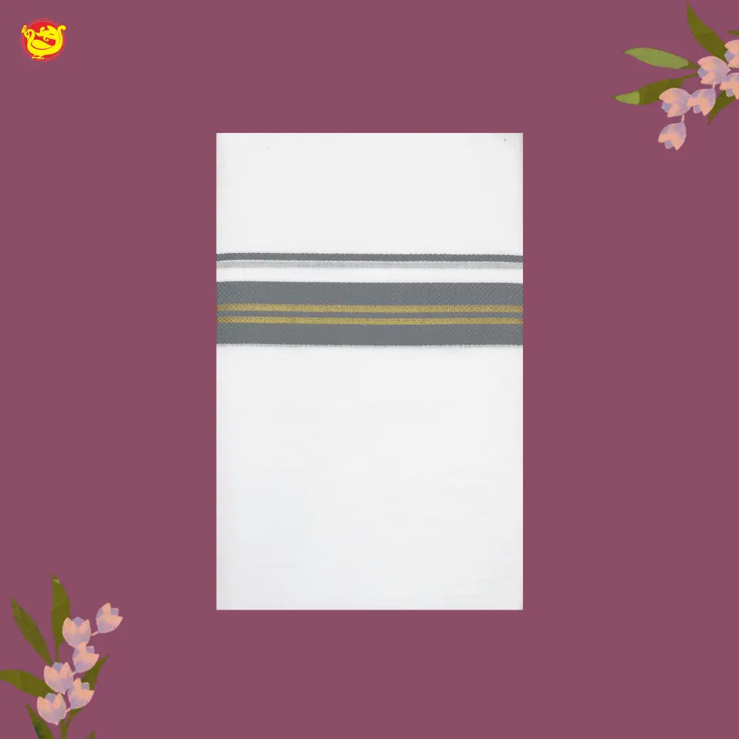 White with Gray Terra Gold Jari Fancy Border Double Layer Cotton Men’s Dhoti