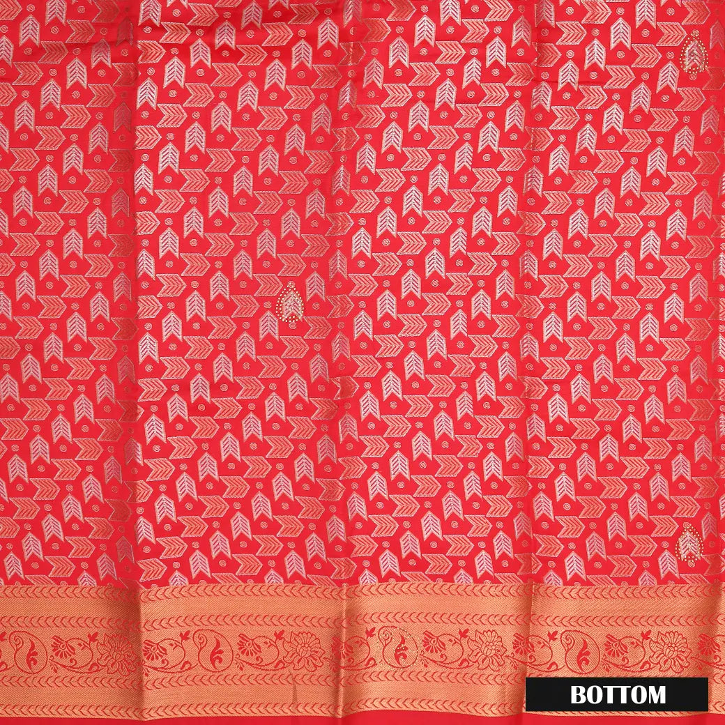 Peach Pink With Purple Border Floral Design Traditional Pattu Pavadai Material
