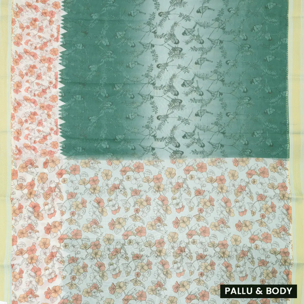 Green with off white floral design Semi Chanderi Saree