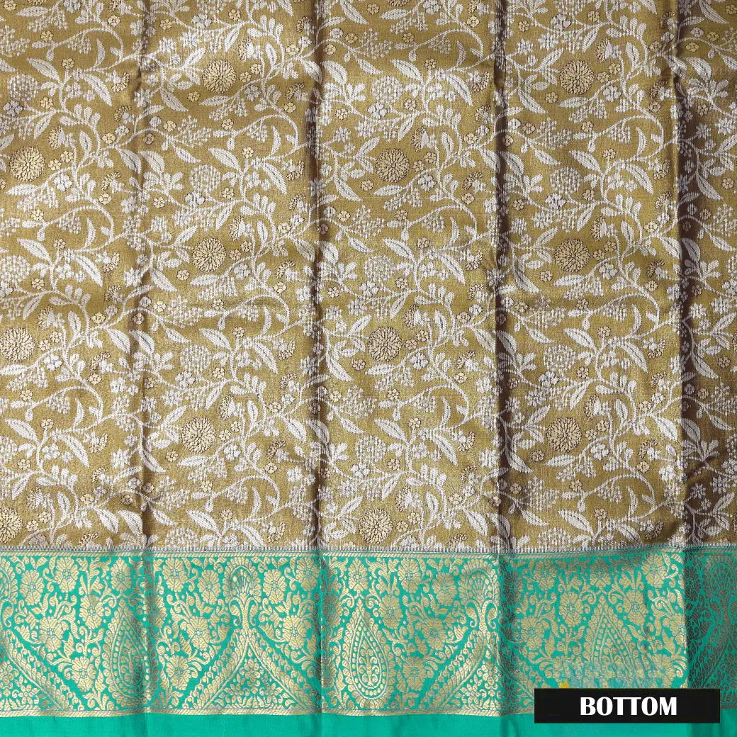 Olive gold With Green Border Floral Design Traditional Pattu Pavadai Material