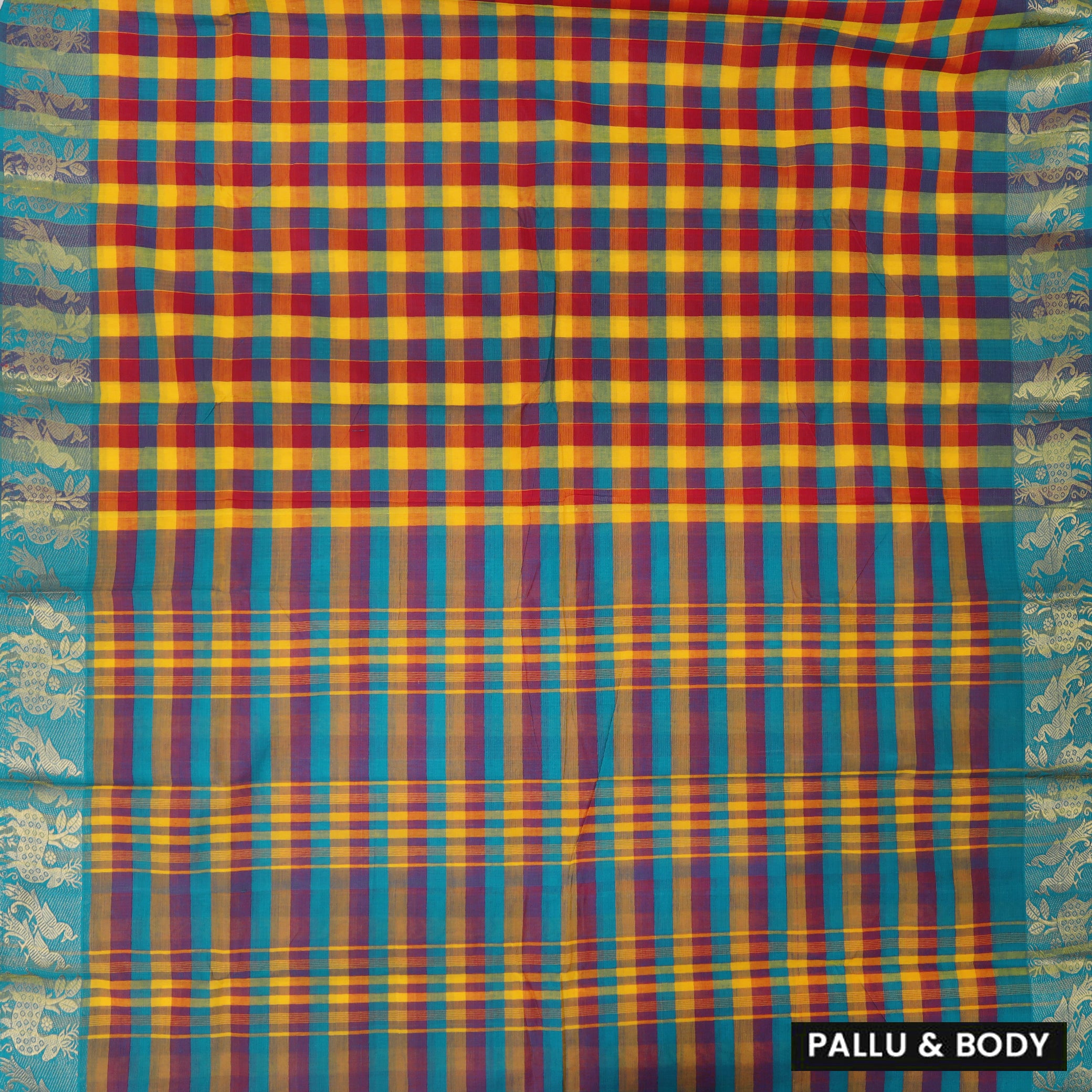 Multi Colour Small Checked Pattern Pure Chettinad Cotton Saree without Blous