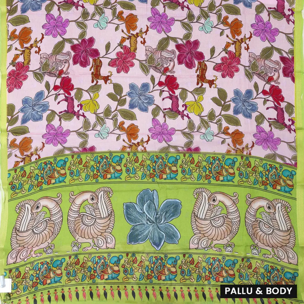 lightpink with green priented floral design Semi Chanderi Saree