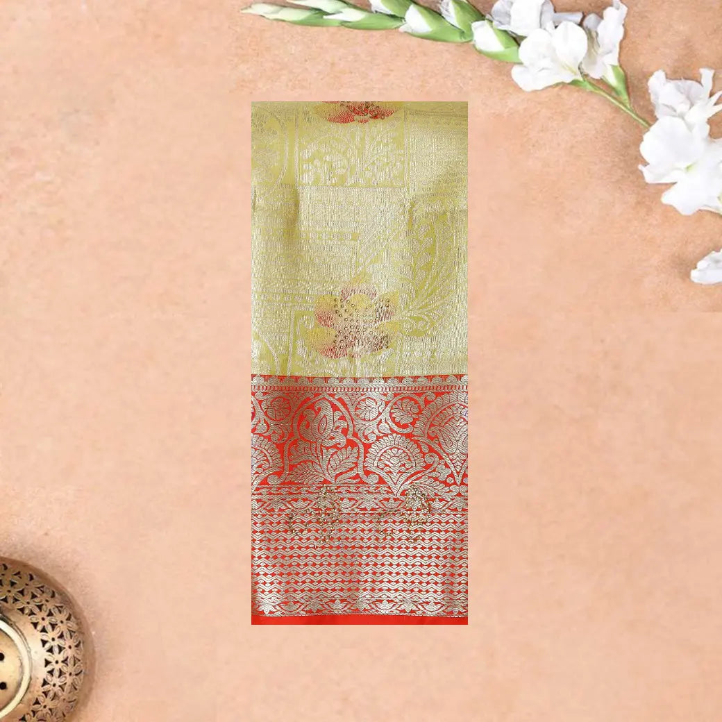 Yellow With Orange Red Floral Design Tissue Silk Saree