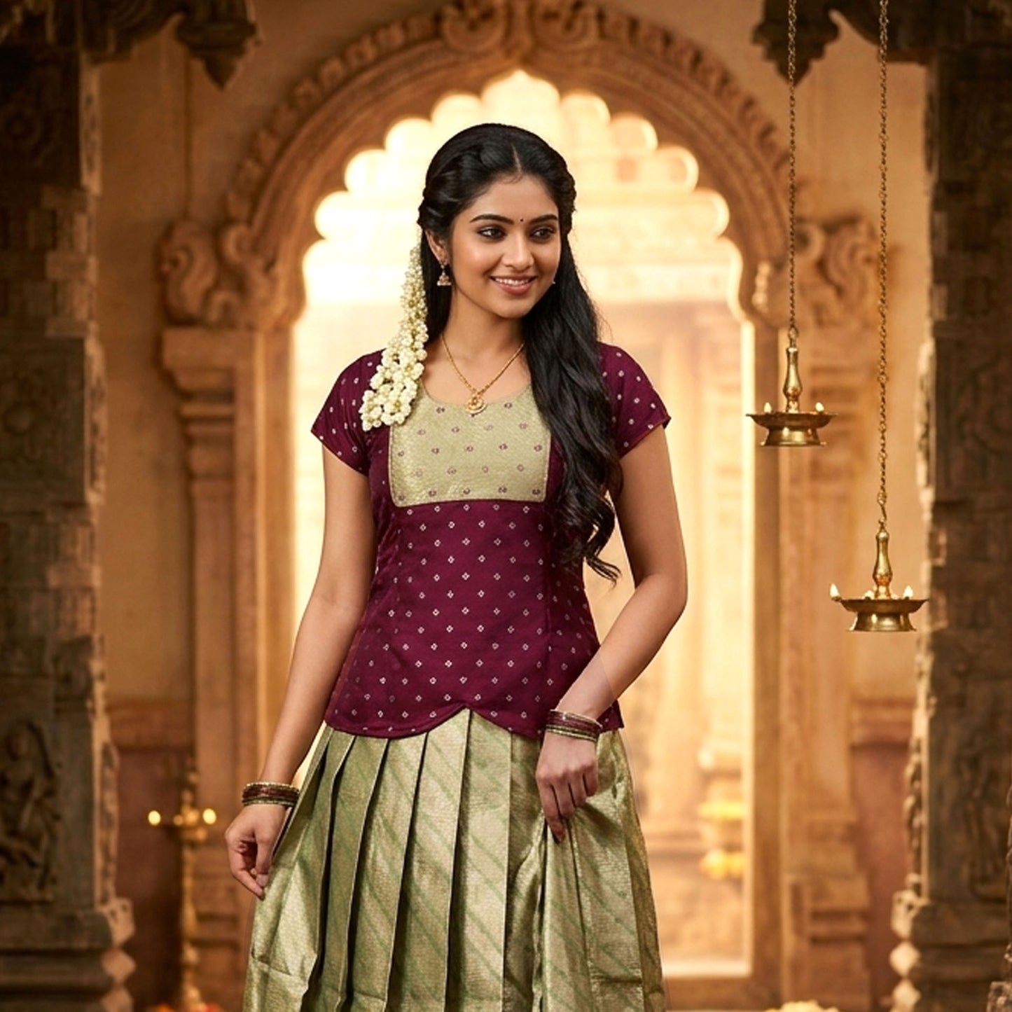 Dark MaroonWith Olive Green Girls Branded Readymade Pattu Pavadai