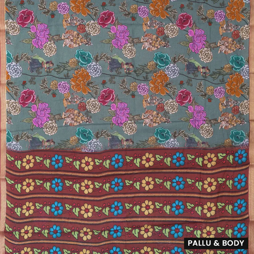 Green with Maroon priented floral design Semi Chanderi Saree