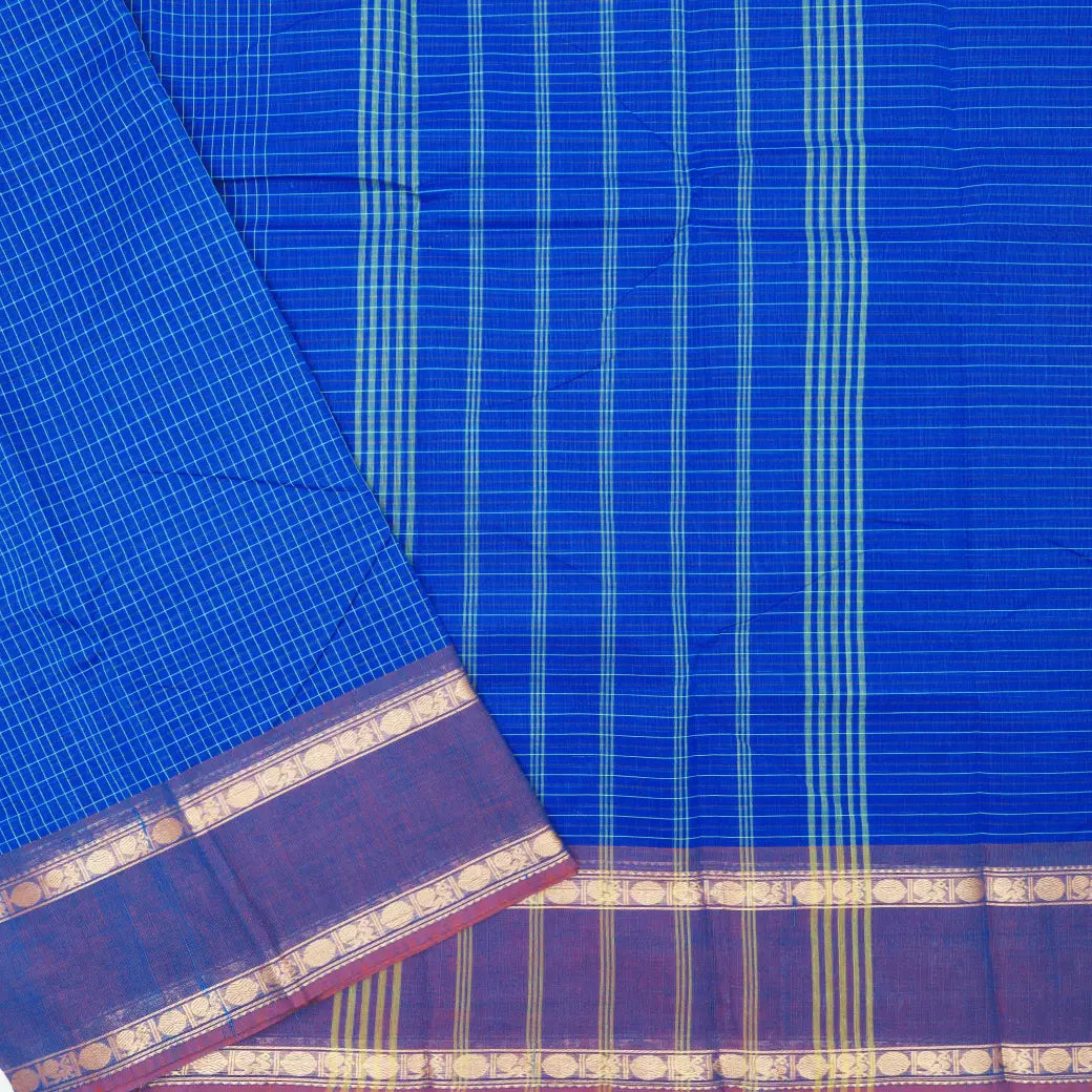 Indigo Blue with Emerald Green Small Checked Pattern Pure Chettinad Cotton Saree without Blouse