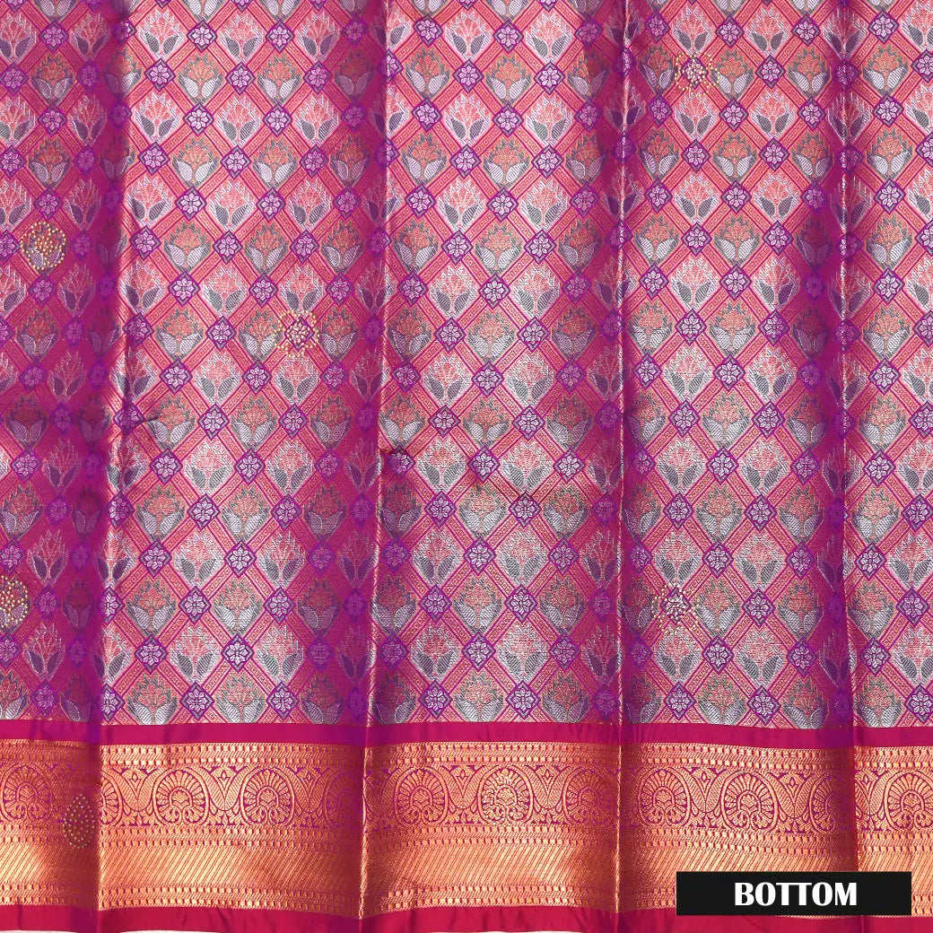 Magenta Pink With Red Border Floral Design Traditional Pattu Pavadai Material