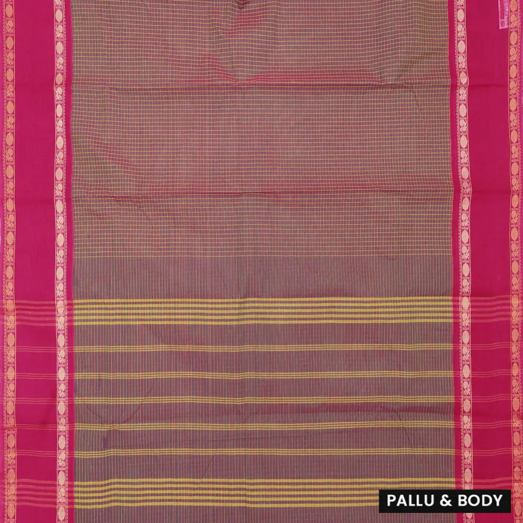 Dark Grayish Brown with Pink Small Checked Pattern Pure Chettinad Cotton Saree without Blouse