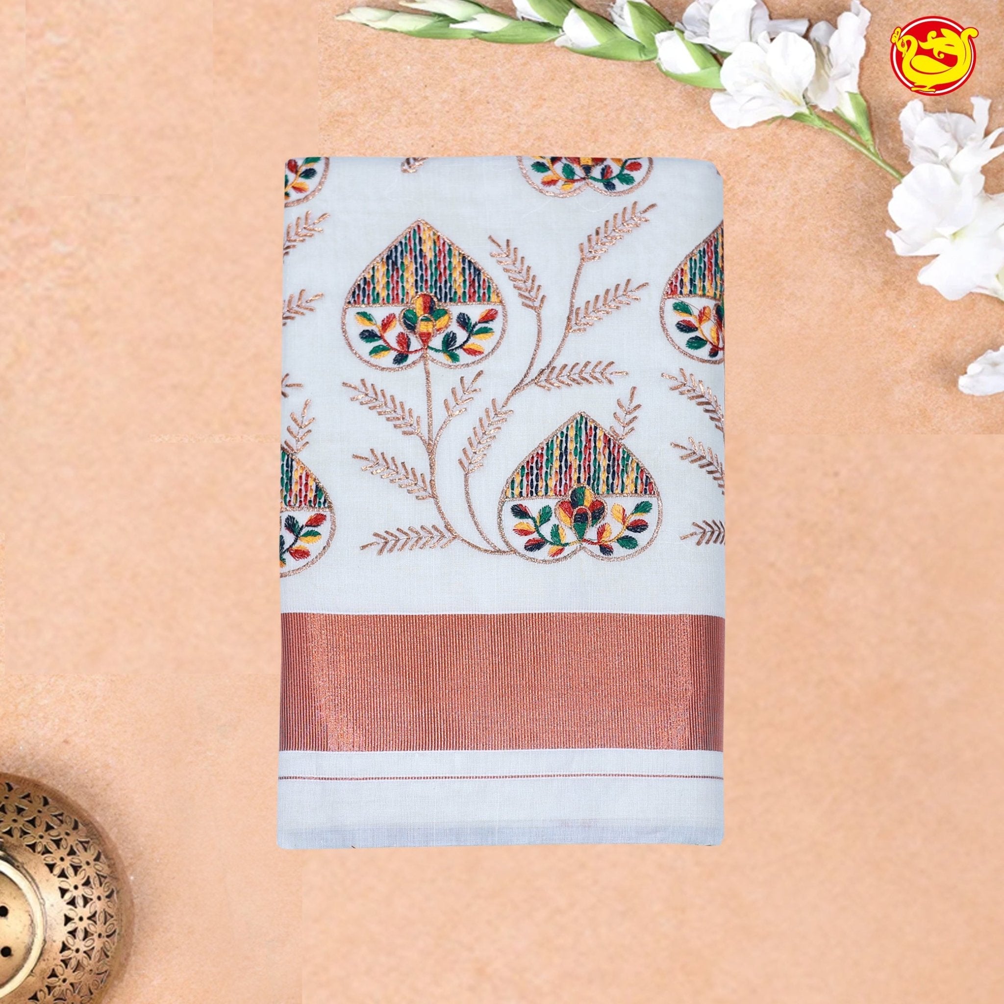 Southloom Exclusive Onam Kerala Traditional Fancy Border Floral Cotton Saree (Matching Plain Blouse Included) - Thenianantham