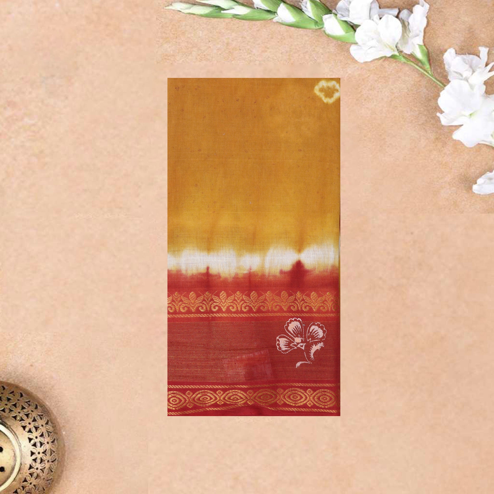 Mustard Yellow  With Red Sungudi Cotton Saree   without Blouse