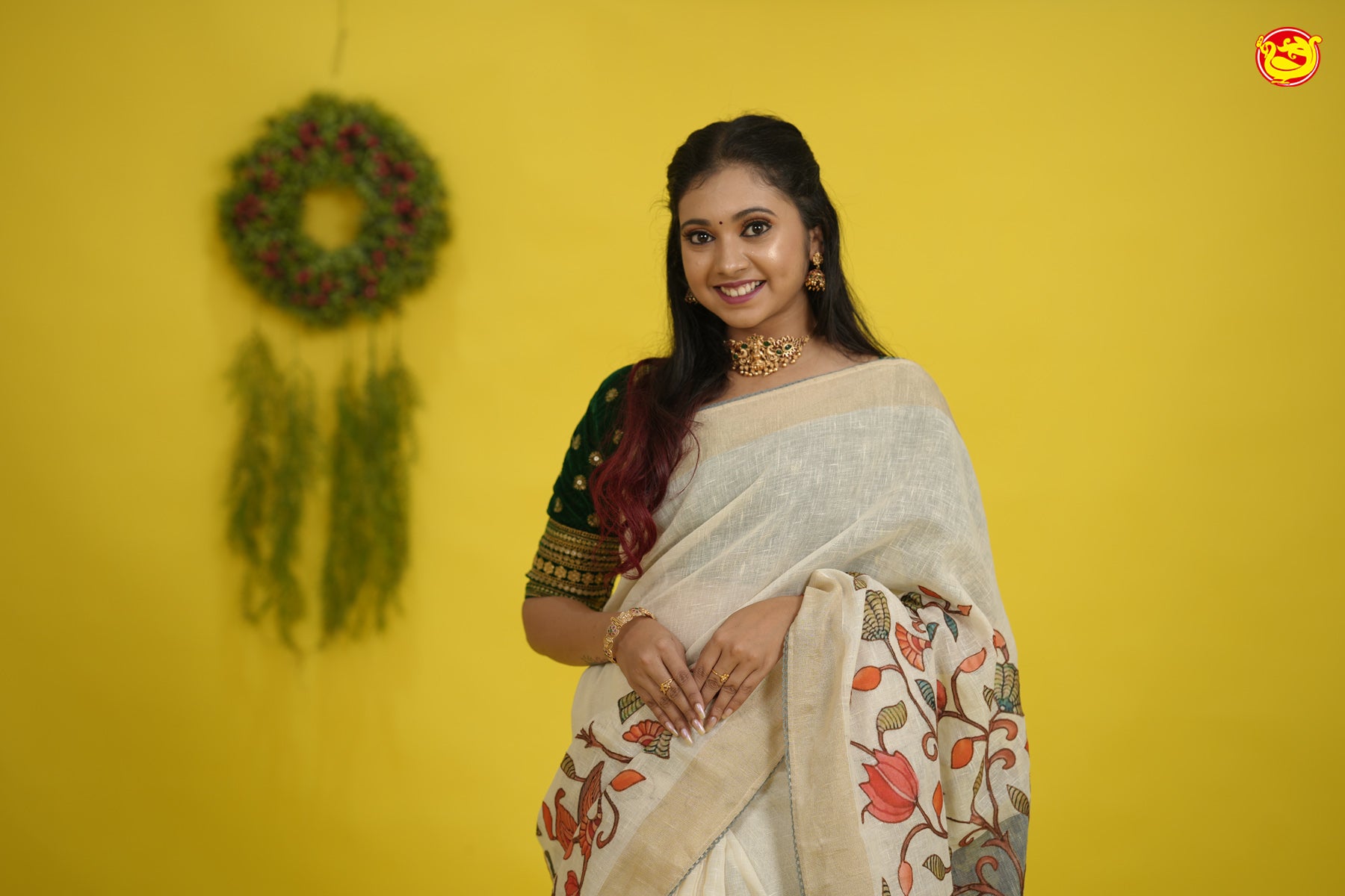 Half White Linen cotton saree with applique kalamkari pattern saree