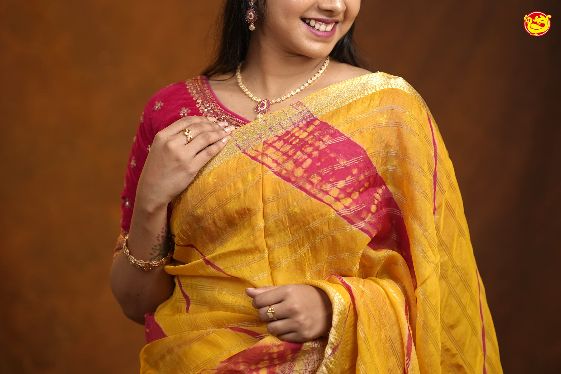 Yellow With Pink Fancy cotton saree with brush strokes saree