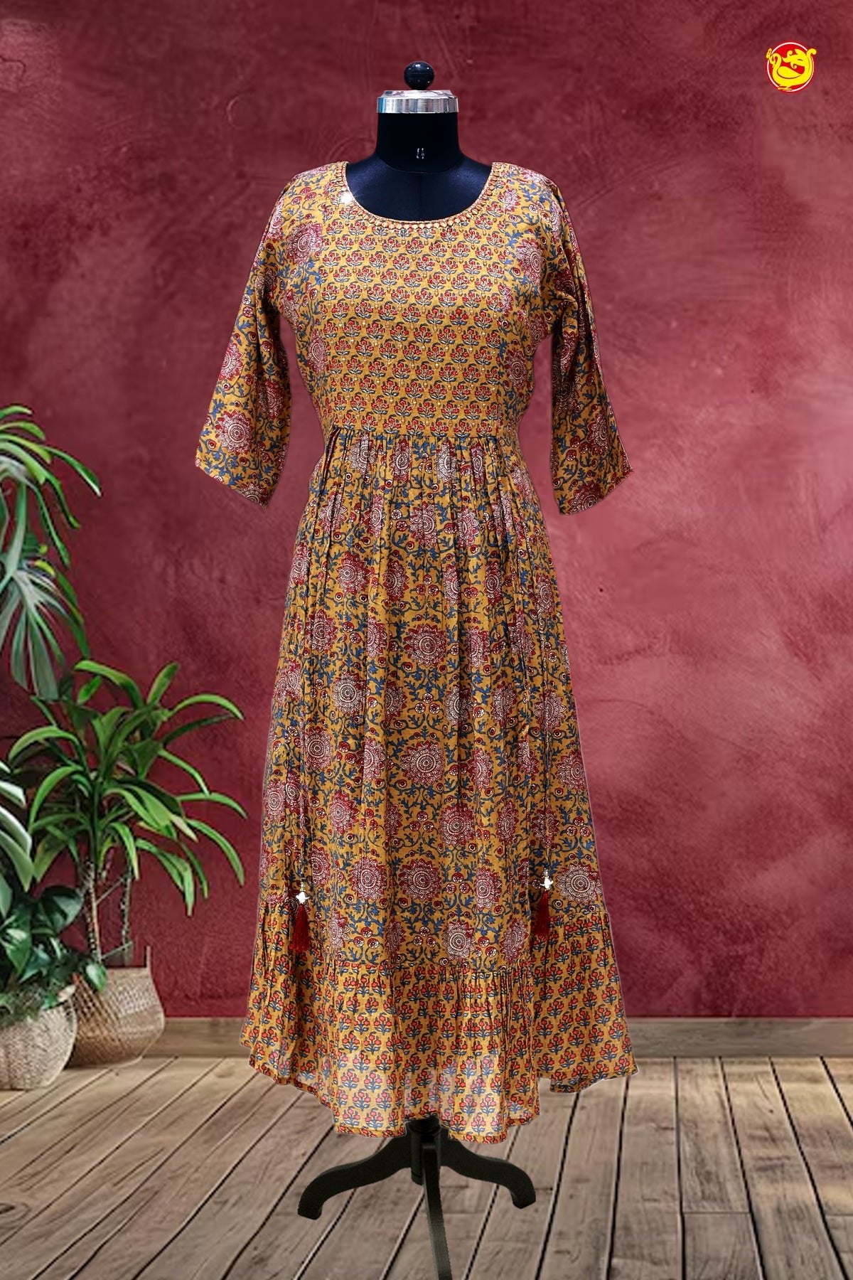 Mustard Yellow with Colourfull Floral Motifs Ladies Branded Readymade Maxi Top