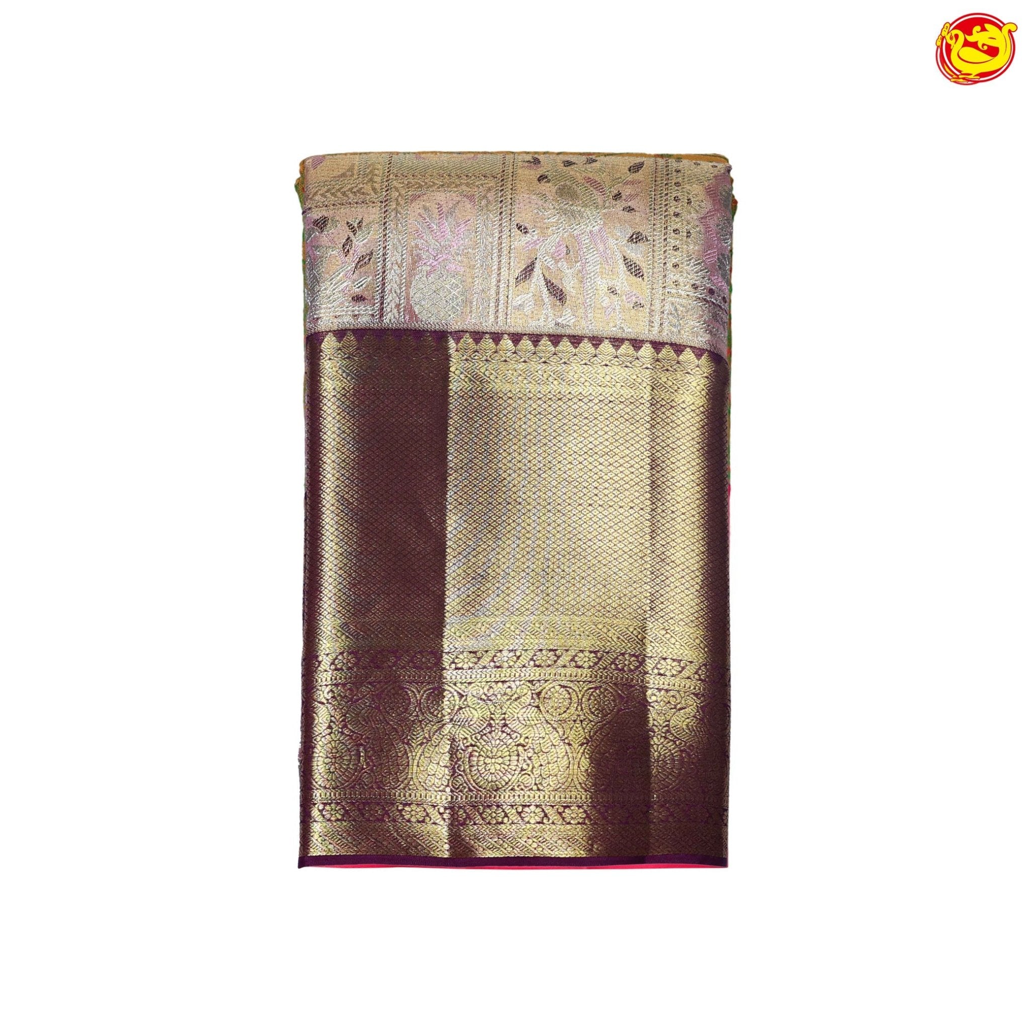 Golden with Peach Floral Motifs Gold Zari Long Border Pure Kanjivaram Wedding Silk Saree