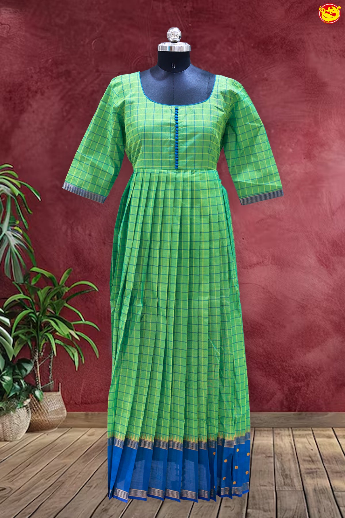 Green with Blue Ladies Branded Readymade Chettinad Cotton Pleated Gown