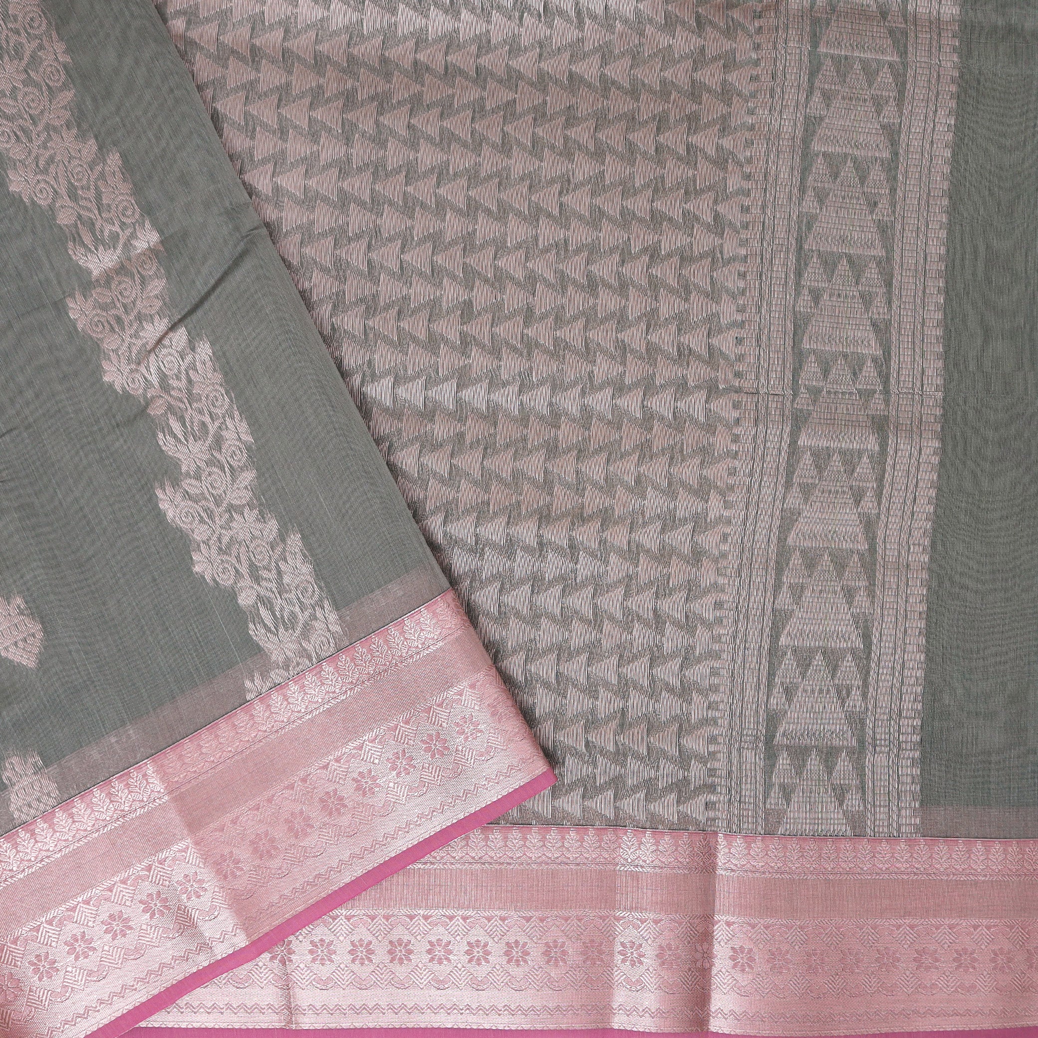 Ash Grey  With  Pink  Silk Cotton Saree