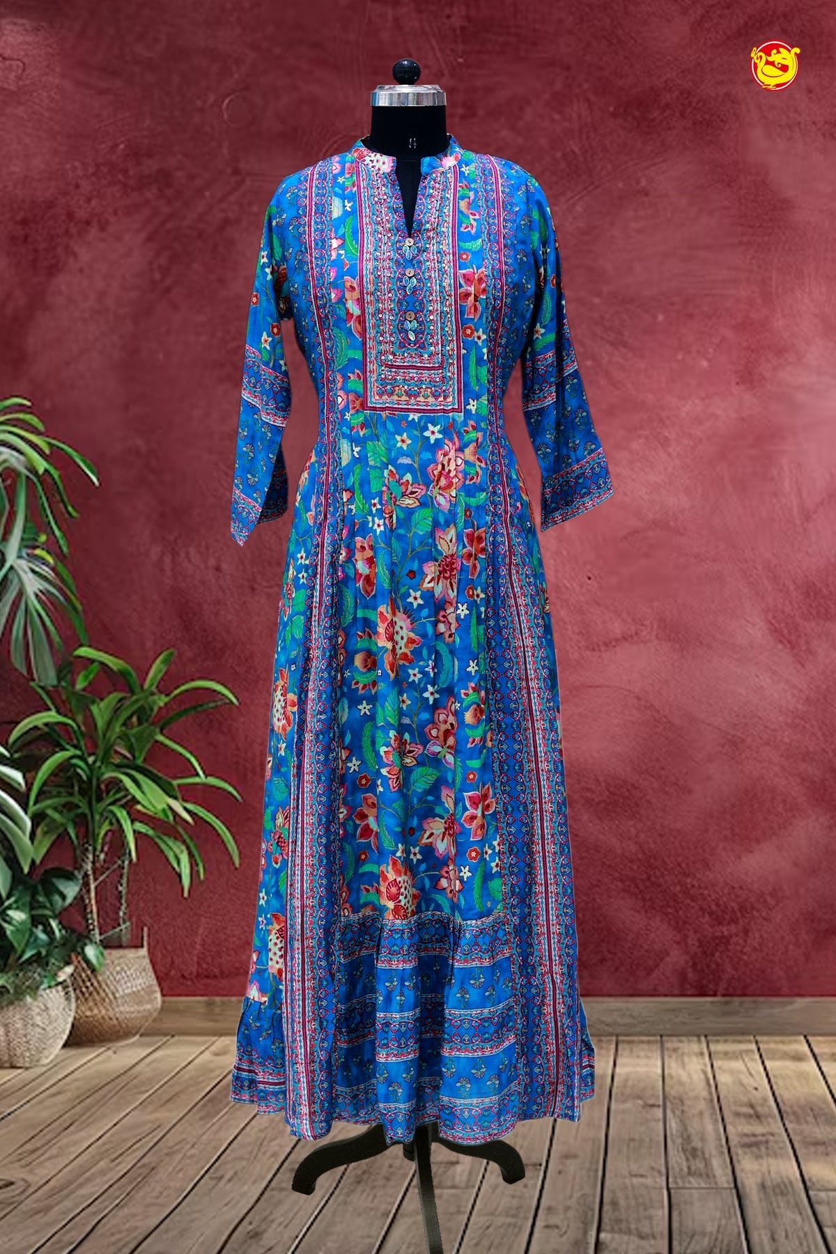 Ink Blue with Colourfull Floral Motifs Ladies Branded Readymade Collar Neck Maxi Top