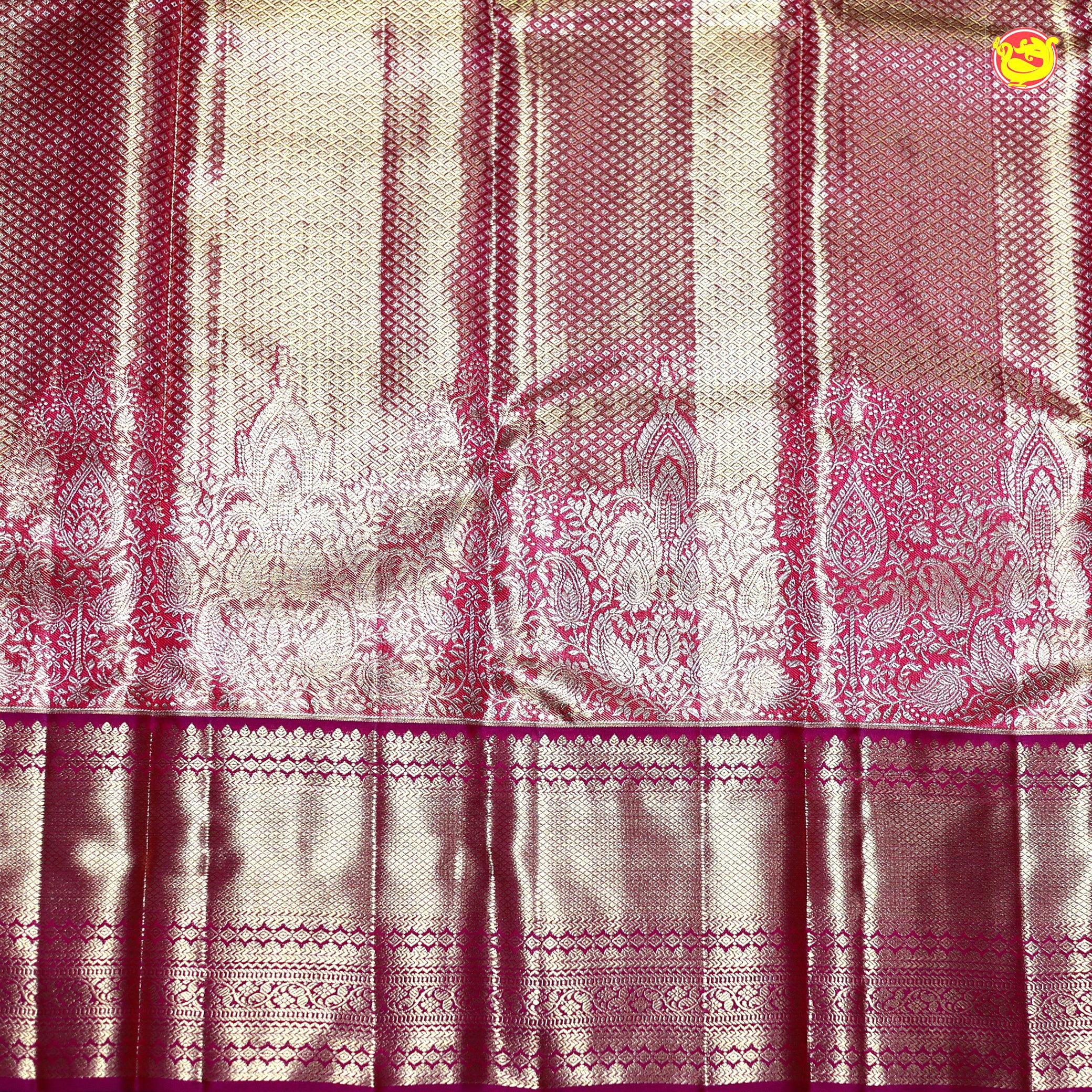 Pink Tissue Buttas Gold Zari Border Kanjivaram Wedding Silk Saree - Thenianantham