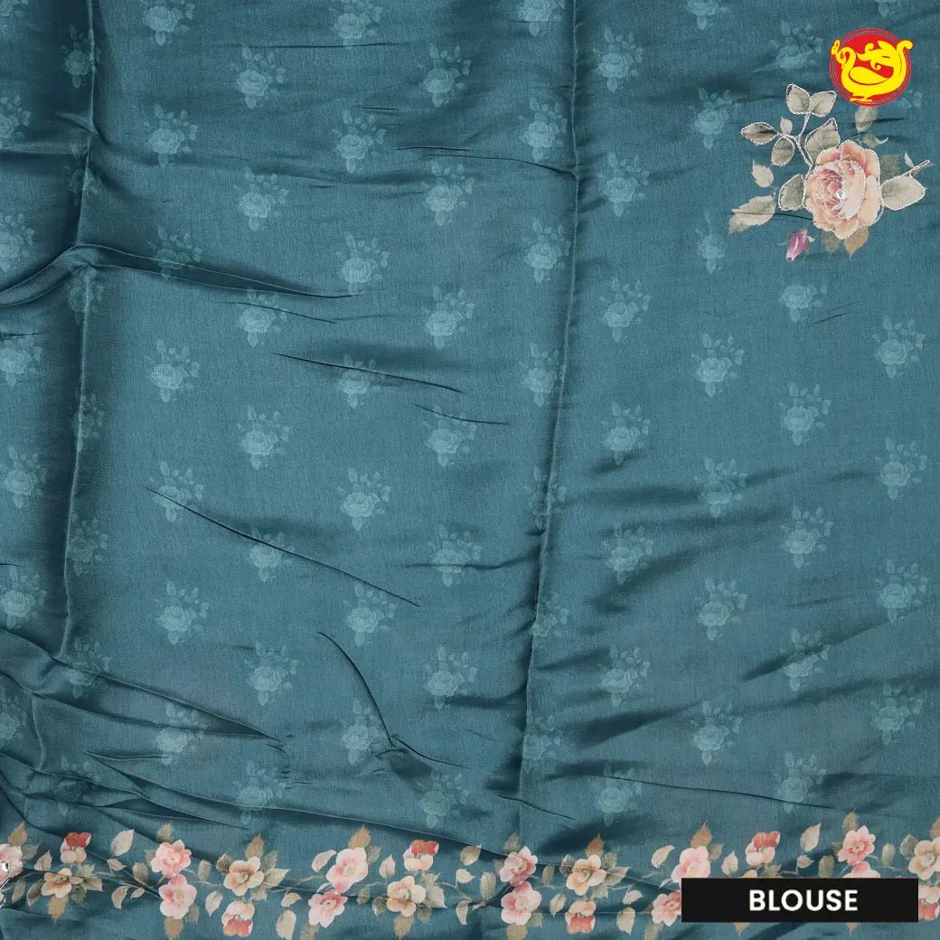 Teal Blue with Floral Print Raw Silk Saree - Thenianantham