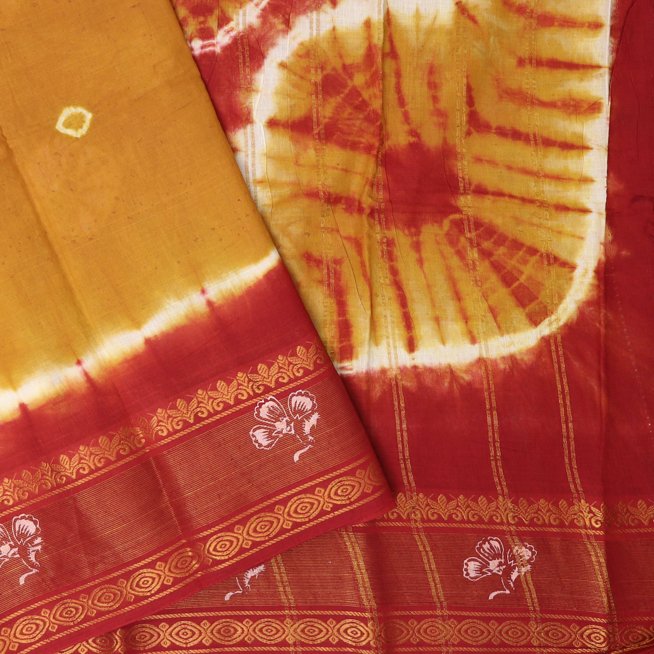 Mustard Yellow  With Red Sungudi Cotton Saree   without Blouse