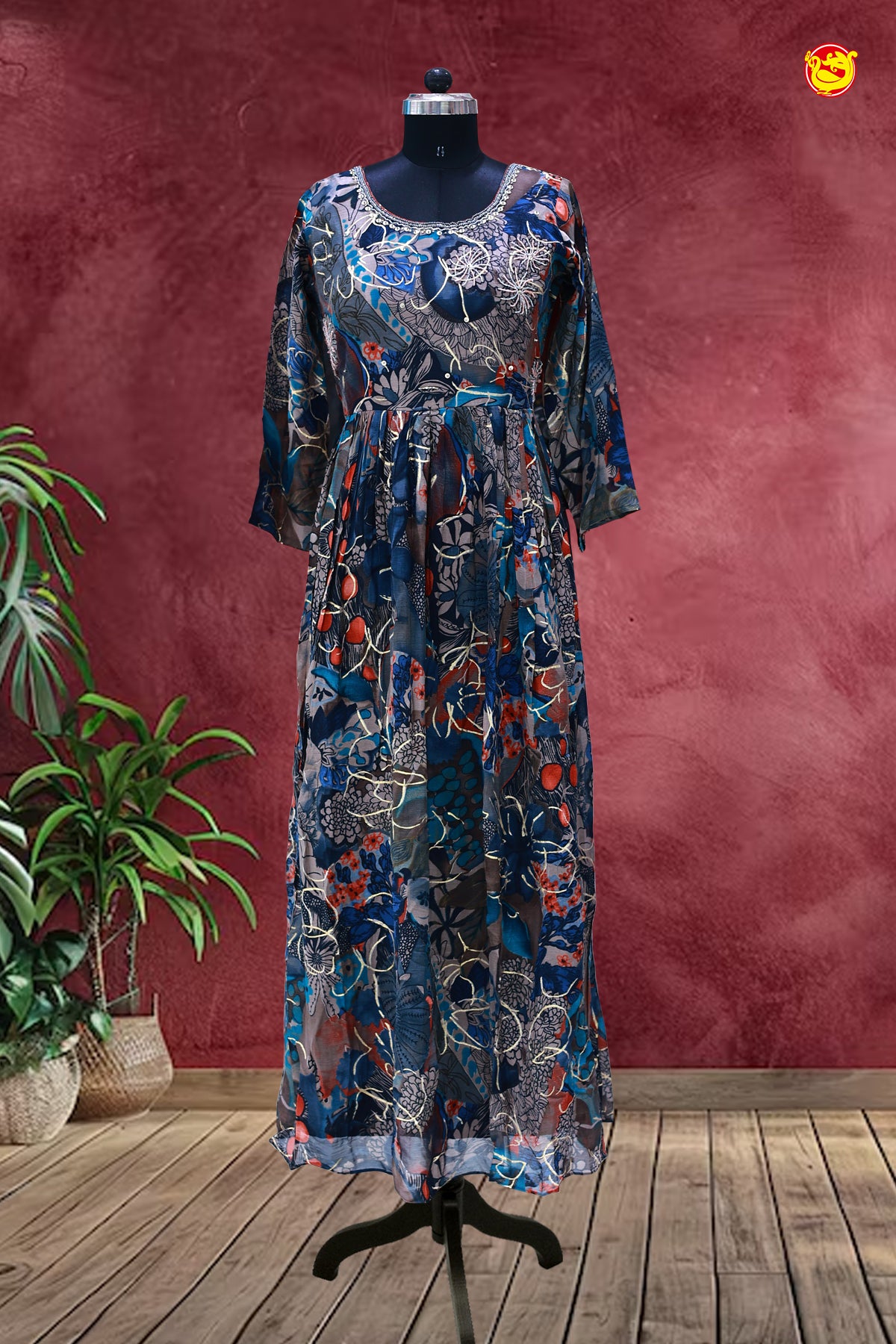 Royal Blue Multi colour Floral Motifs Ladies Branded Readymade Maxi Top