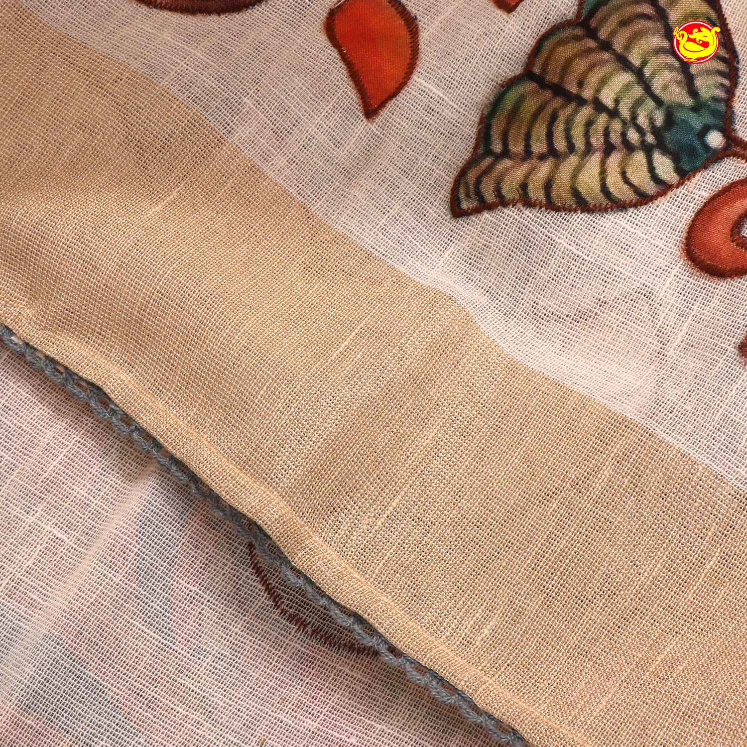 Half White Linen cotton saree with applique kalamkari pattern saree