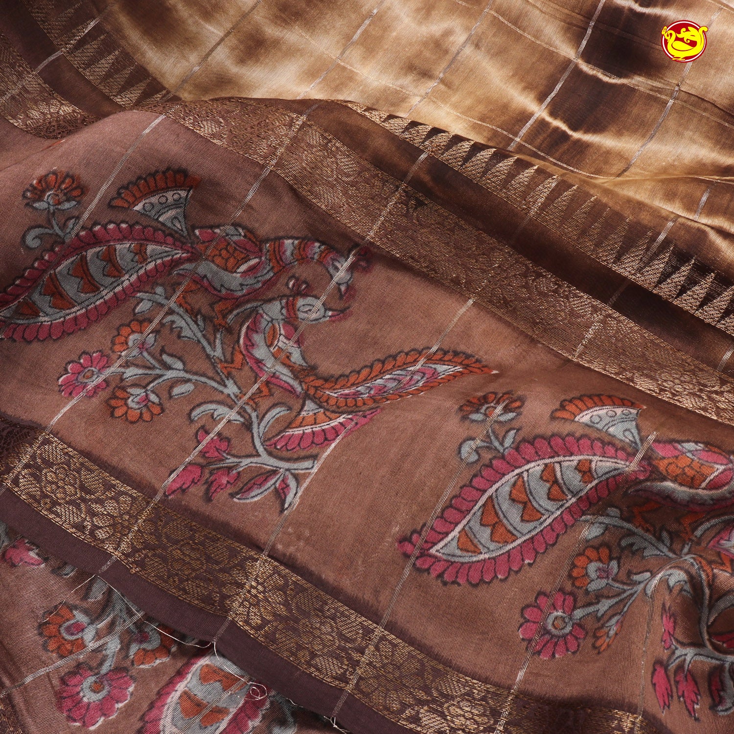 Sandal With Light Brown Shibori In Chanderi Silk Saree