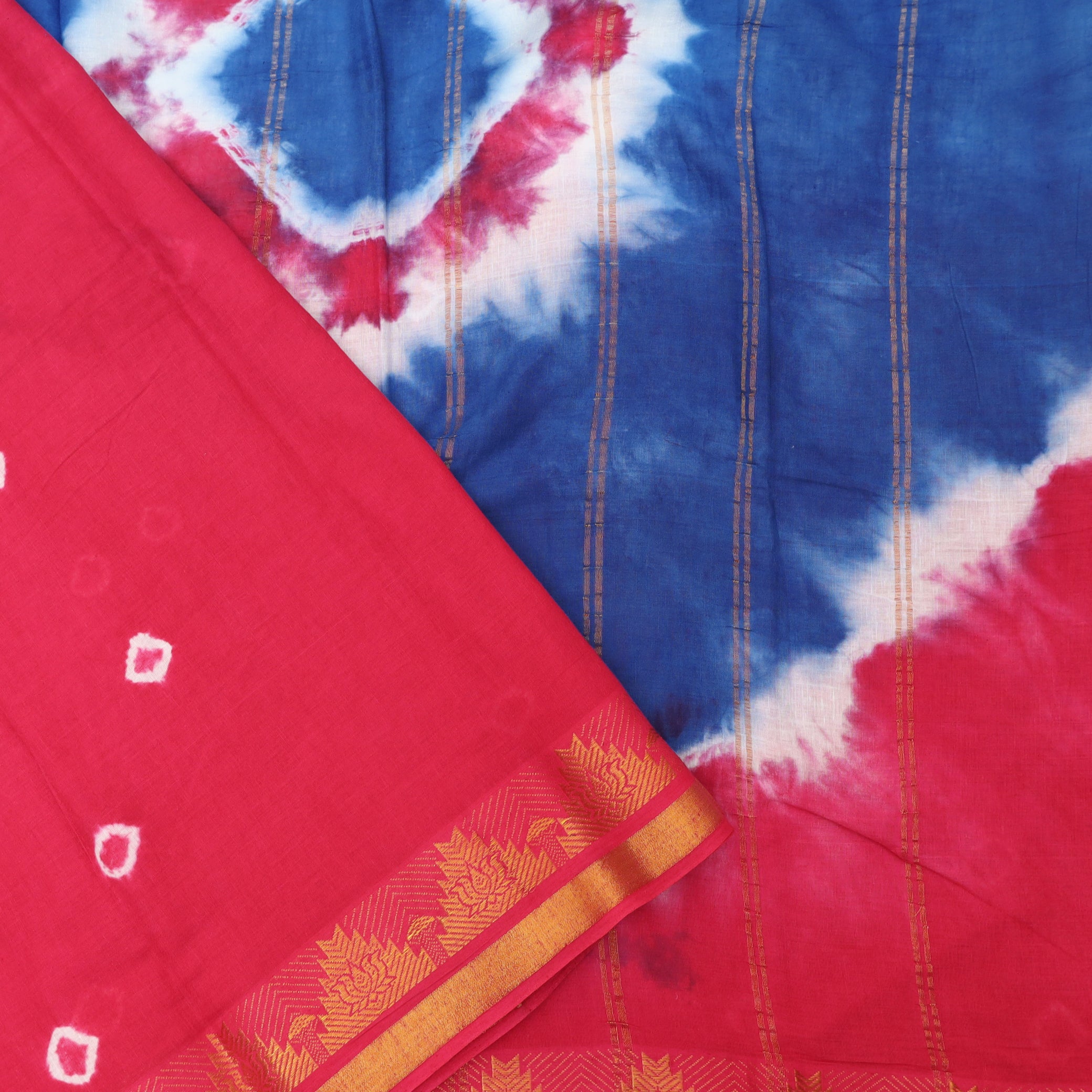 Rani Pink With Blue Sungudi Cotton Saree   without Blouse