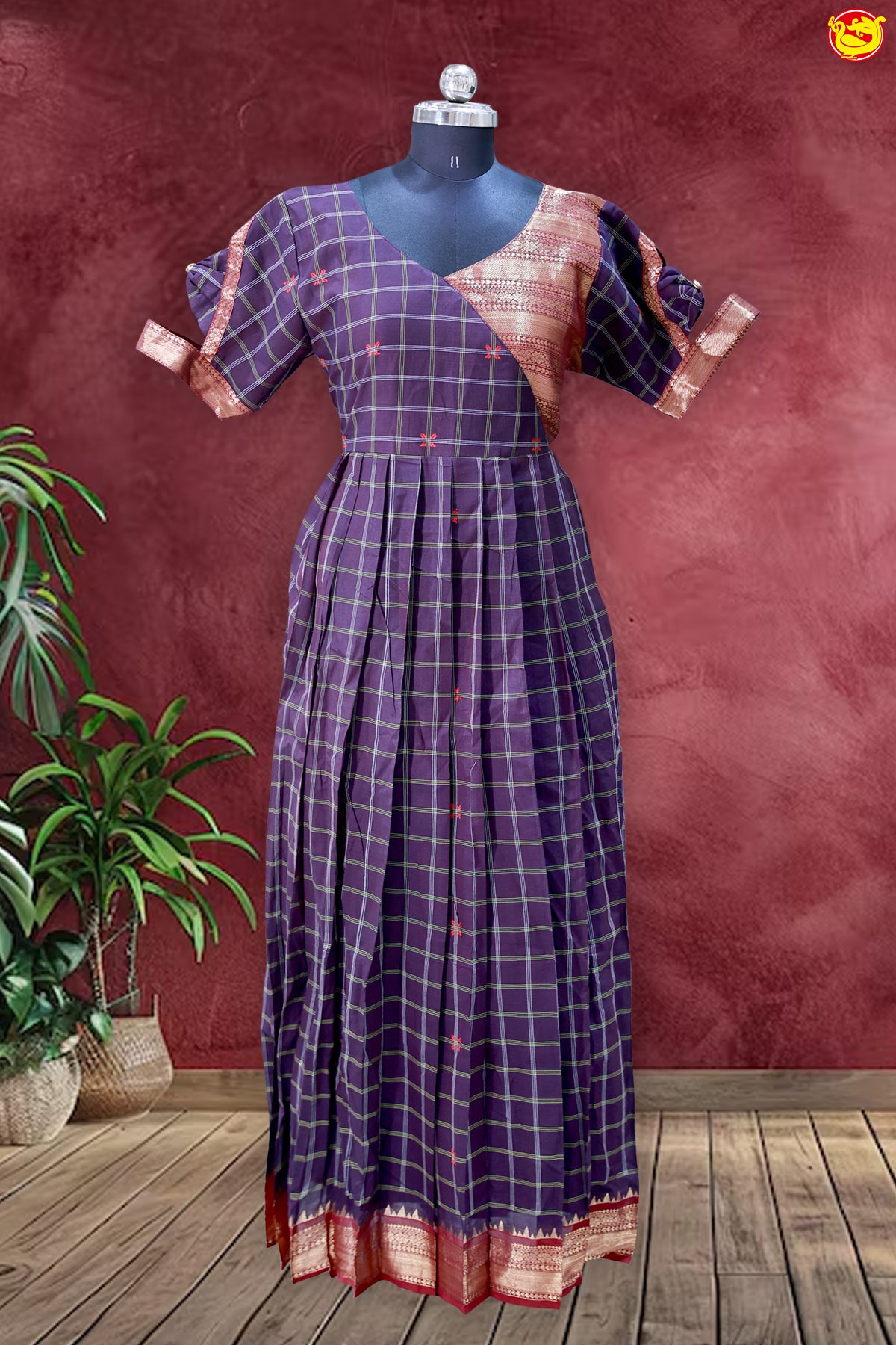 Coffee Brown with Maroon Border Ladies Branded Readymade Chettinad Cotton Pleated Gown