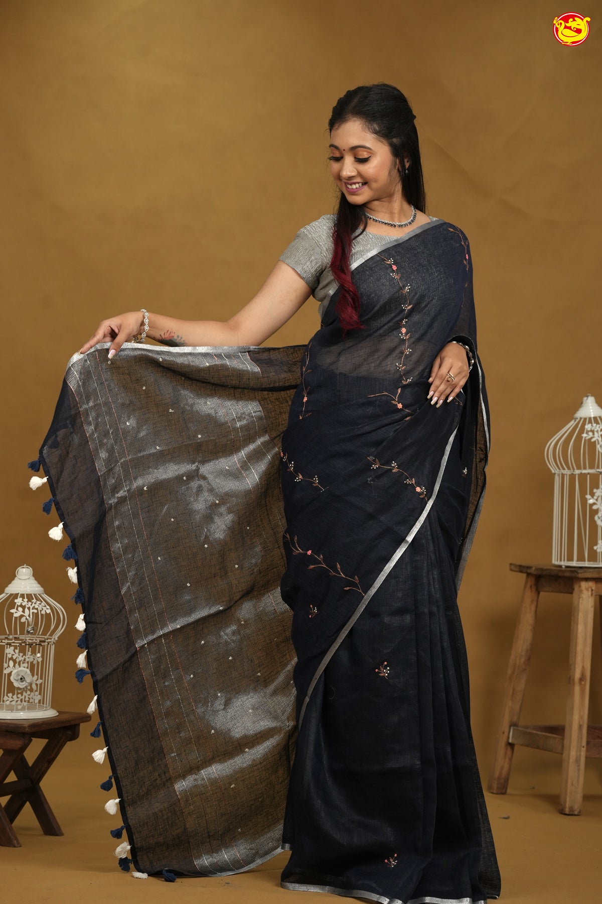 Black With Sliver Pure Linen With Hand Embroidered Saree