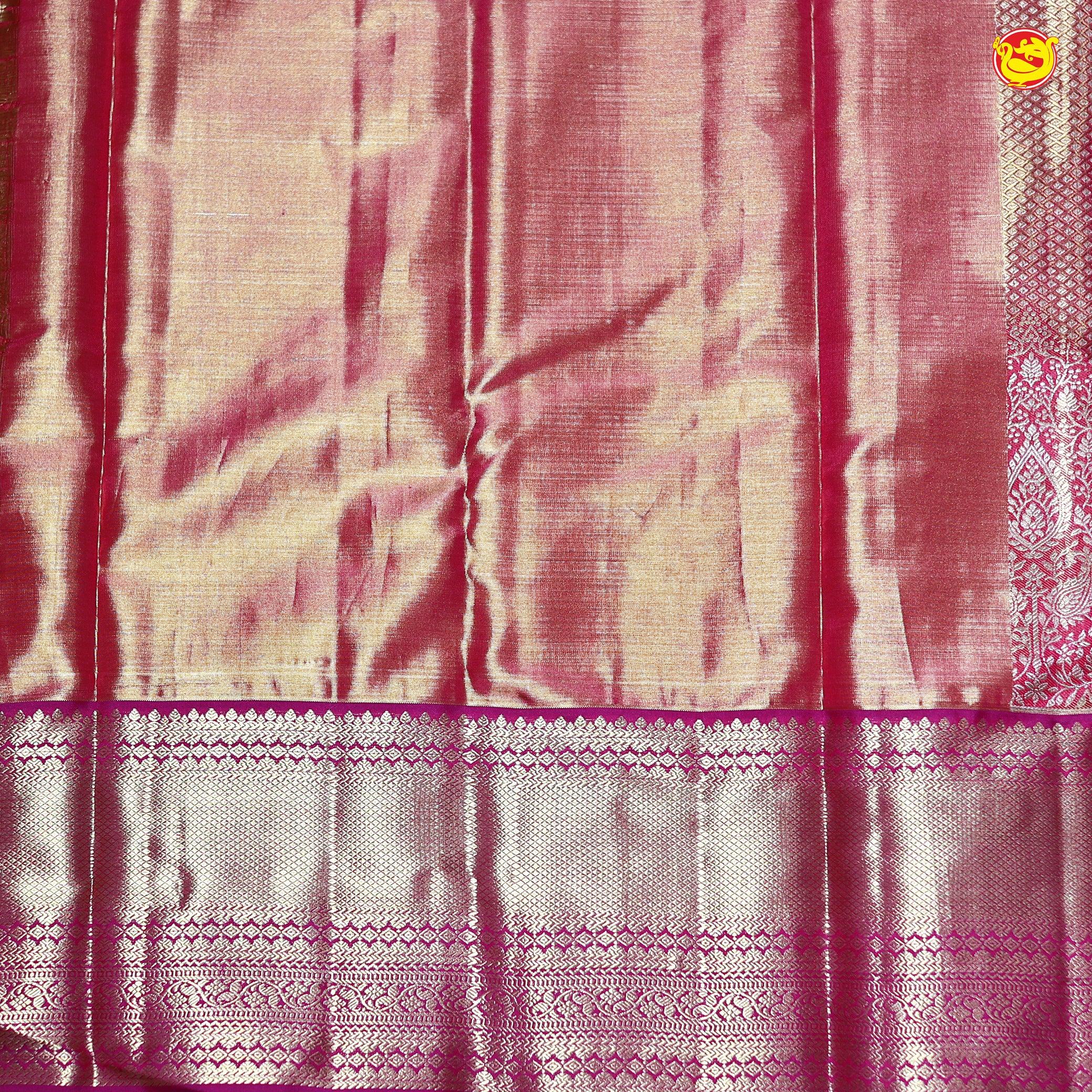 Pink Tissue Buttas Gold Zari Border Kanjivaram Wedding Silk Saree - Thenianantham