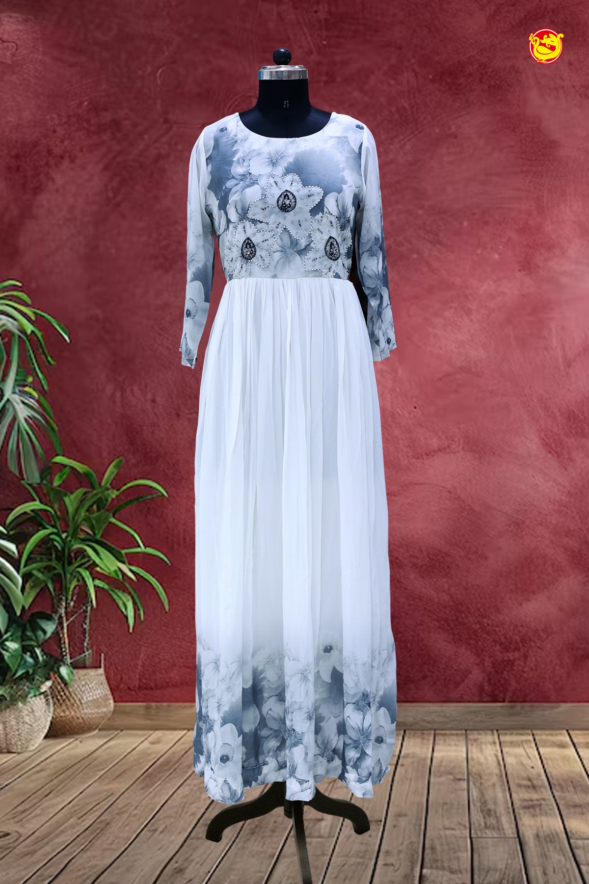 Gray with White Beautiful Floral Motifs Ladies Branded Readymade Maxi Top