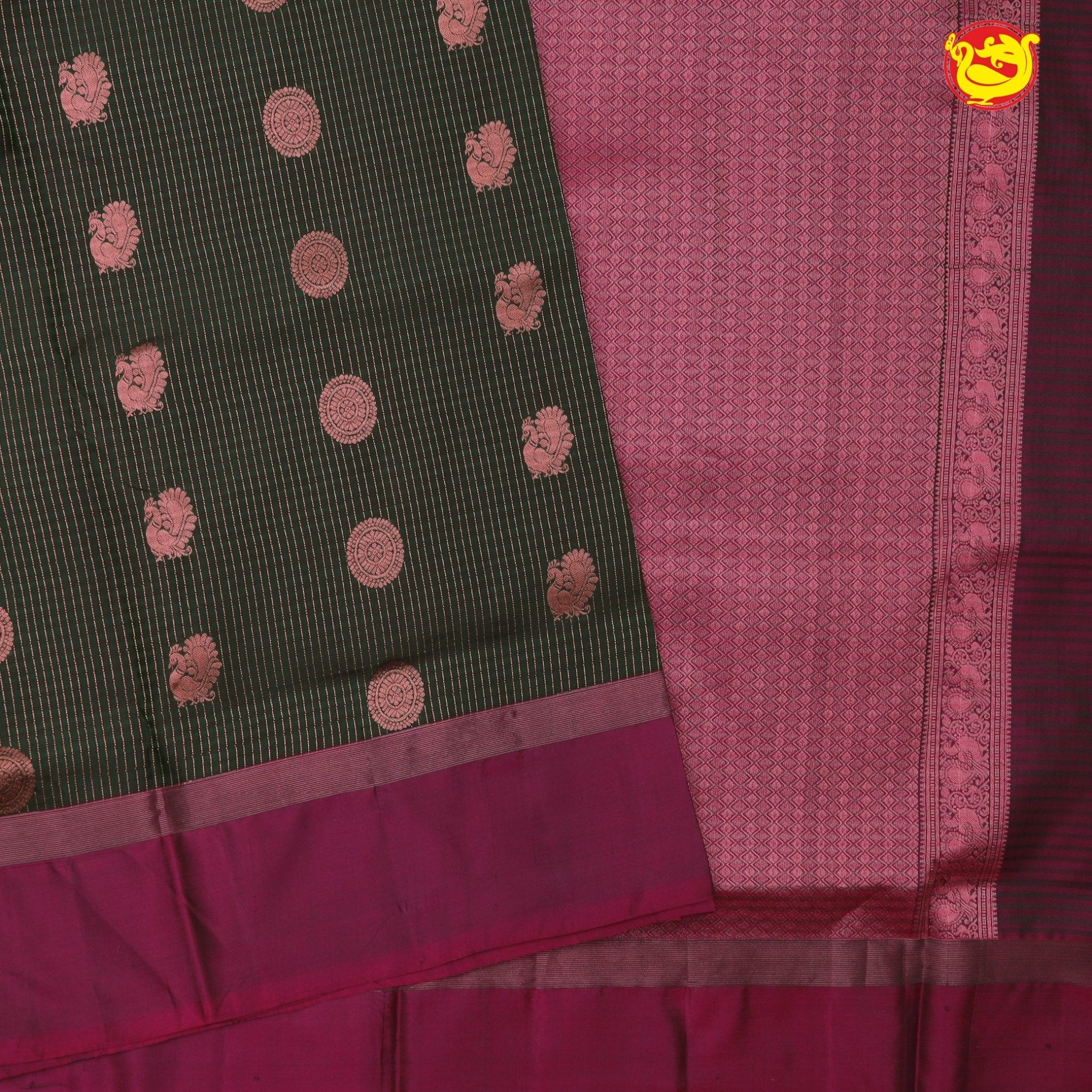 Bottle green with Magenta in Peacock  9 Yards  Soft Silk Saree