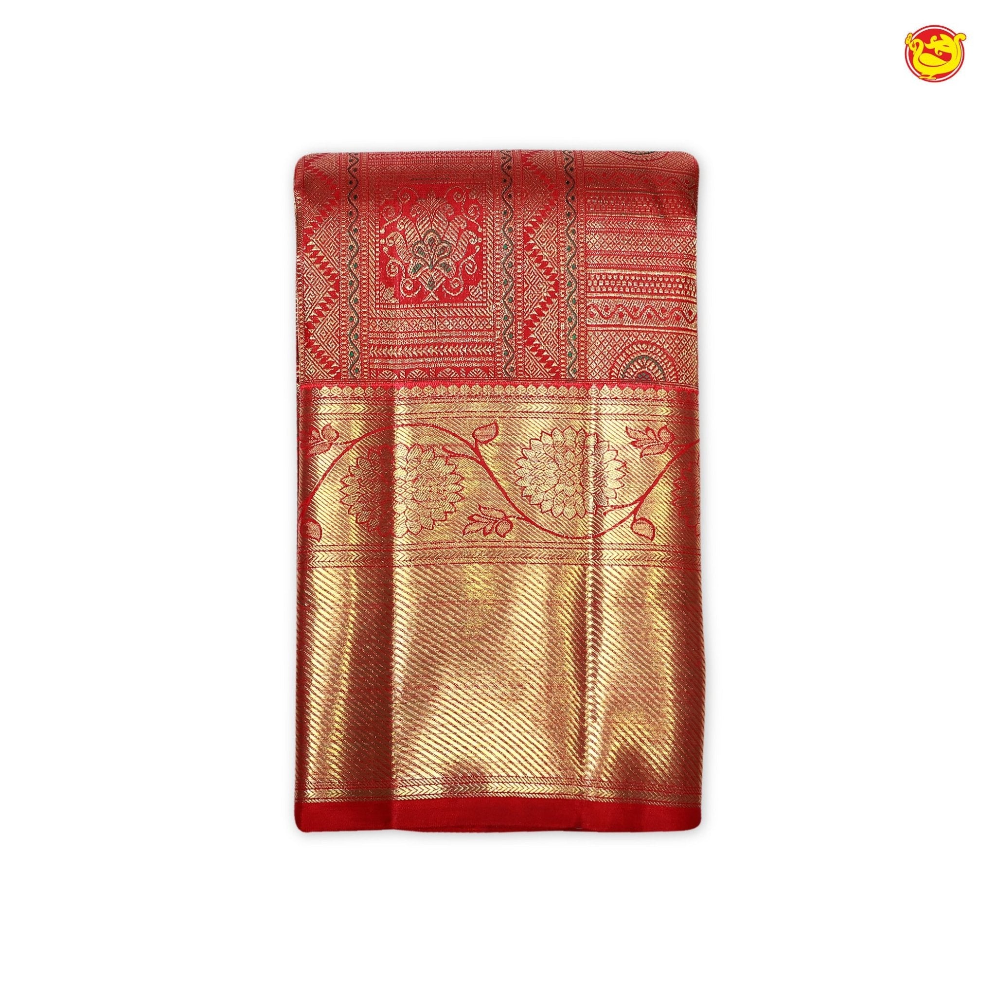 Crimson Red Jacquard Gold Zari Floral Design Long Border Pure Kanjivaram Subhalaya Wedding Silk Saree