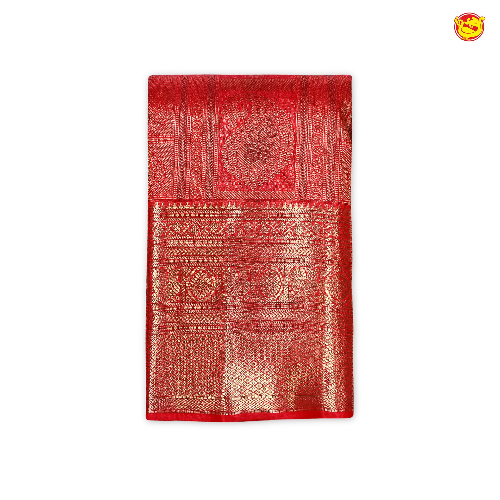 Ruby Red Mango Floral Motifs Gold Zari Long Border Pure Kanjivaram Subhalaya Wedding Silk Saree