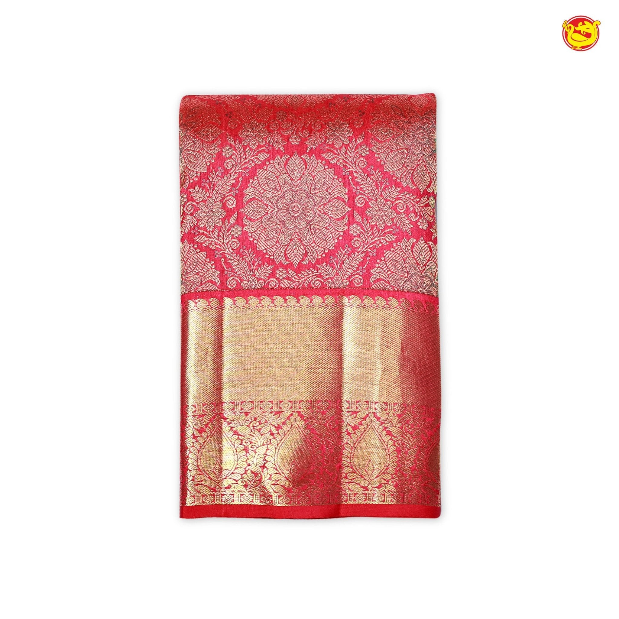 Pinkies Red Circle Floral Motifs Gold Zari Long Border Pure Kanjivaram Subhalaya Wedding Silk Saree