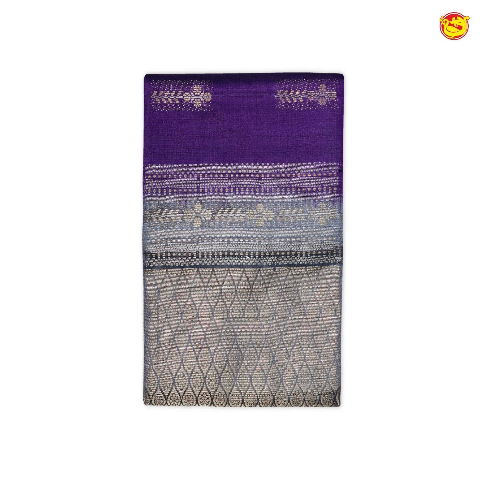 Violet with Grey Ikat Floral Buttas Silver and Gold Zari Floral Motifs Pallu Pure Kanjivaram Soft Silk Saree