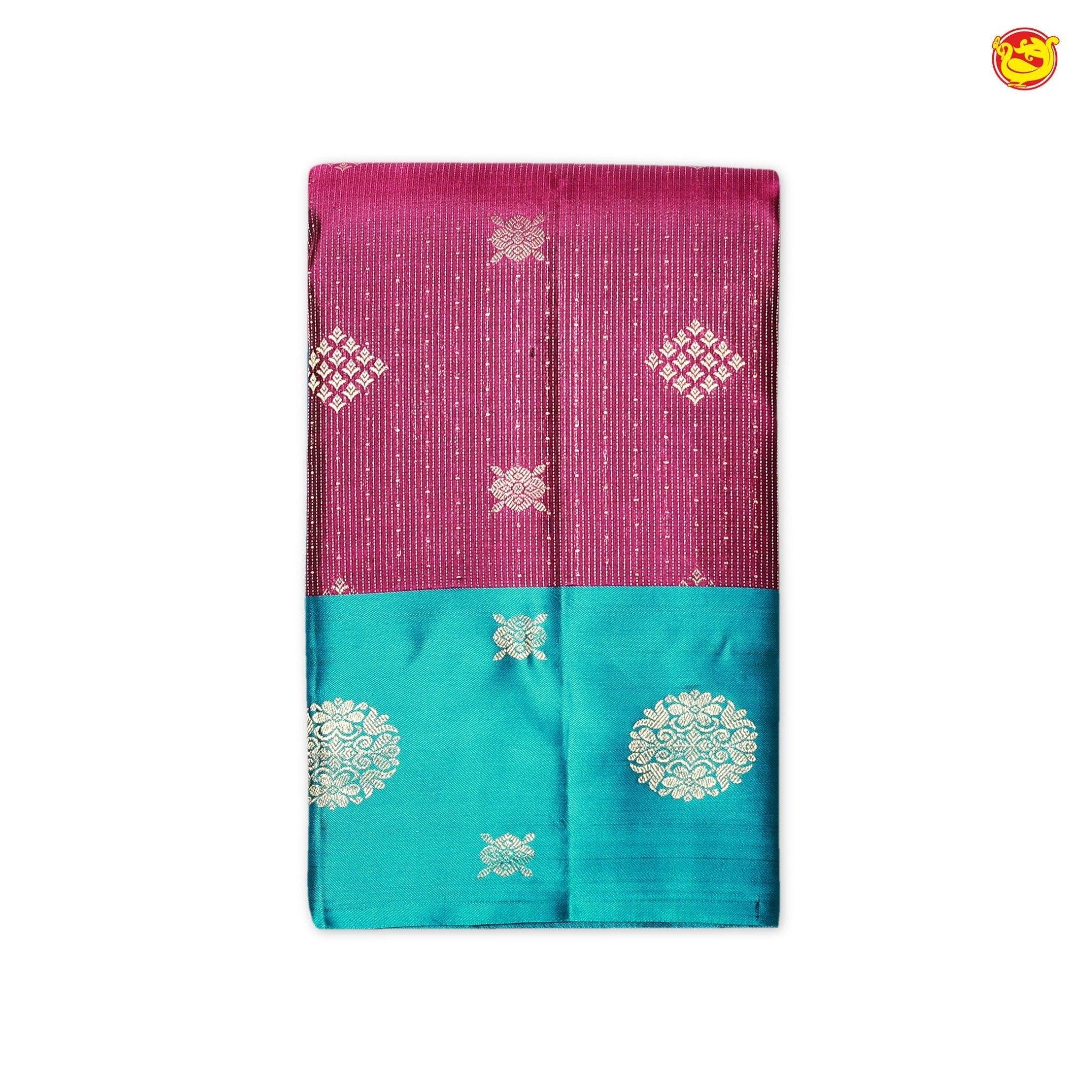 Magenta with Peacock Blue Diamond Needlework Buttas Motifs Gold Zari Floral Border Pure Kanjivaram Soft Silk Saree