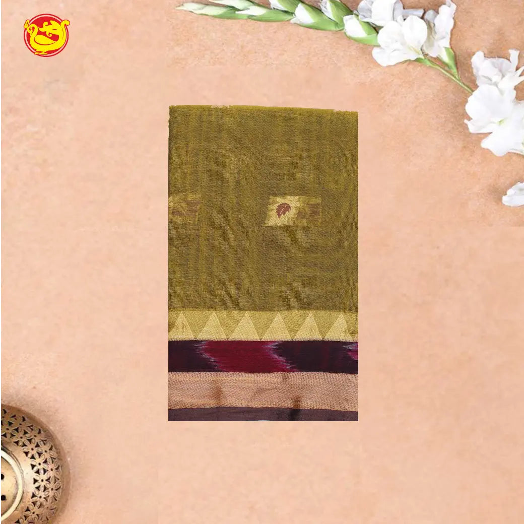 Olive Green with Brown Pure Bengal Cotton Saree without Blouse